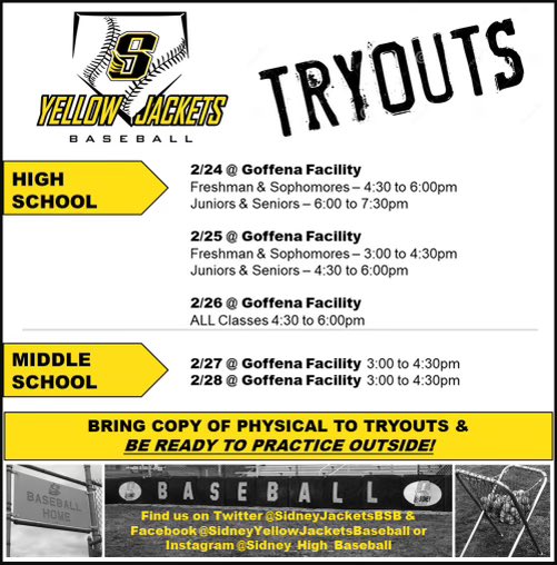 ⚾️ season is here! Tryouts begin on Monday, February 24th.

Any 9-12 grade player interested in trying out, there will be a meeting after school tomorrow in Coach Townsend’s classroom to go over details 📝

See you there!