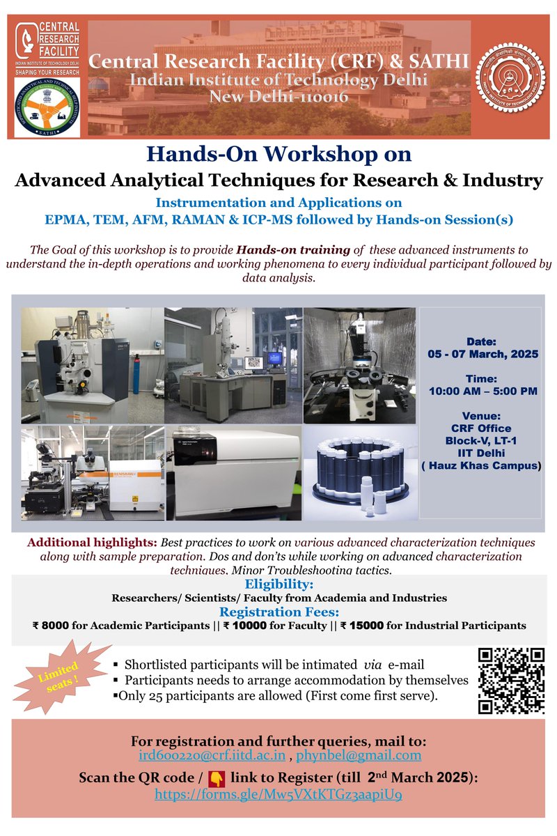 SATHI IITDelhi (@sathi_iitdelhi) on Twitter photo Join us for a Hands-On Workshop on Advanced Analytical Techniques (EPMA, TEM, AFM, RAMAN & ICP-MS) <a href="/sathi_iitdelhi/">SATHI IITDelhi</a> with <a href="/crfiitd/">CRF IIT Delhi</a> from March 5-7, 2025!
Register now: ird600220@crf.iitd.ac.in | phynpbel@gmail.com
#STEM
<a href="/Pratishtha_DST/">Dr. Pratishtha Pandey</a> <a href="/karandi65/">Abhay Karandikar</a> <a href="/PrinSciAdvOff/">Office of Principal Scientific Adviser to the GoI</a> Join us for a Hands-On Workshop on Advanced Analytical Techniques (EPMA, TEM, AFM, RAMAN & ICP-MS) <a href="/sathi_iitdelhi/">SATHI IITDelhi</a> with <a href="/crfiitd/">CRF IIT Delhi</a> from March 5-7, 2025!
Register now: ird600220@crf.iitd.ac.in | phynpbel@gmail.com
#STEM
<a href="/Pratishtha_DST/">Dr. Pratishtha Pandey</a> <a href="/karandi65/">Abhay Karandikar</a> <a href="/PrinSciAdvOff/">Office of Principal Scientific Adviser to the GoI</a>