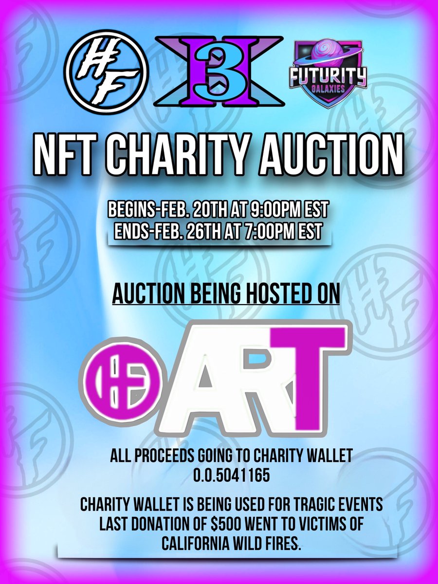HFighters24's tweet image. Our NFT Charity Auction is live!! 
 
Get your bids in!! 

Hellofuture.art

#NFT #Auction #HelloFutureArt #HBAR #Hedera #californiawildfires