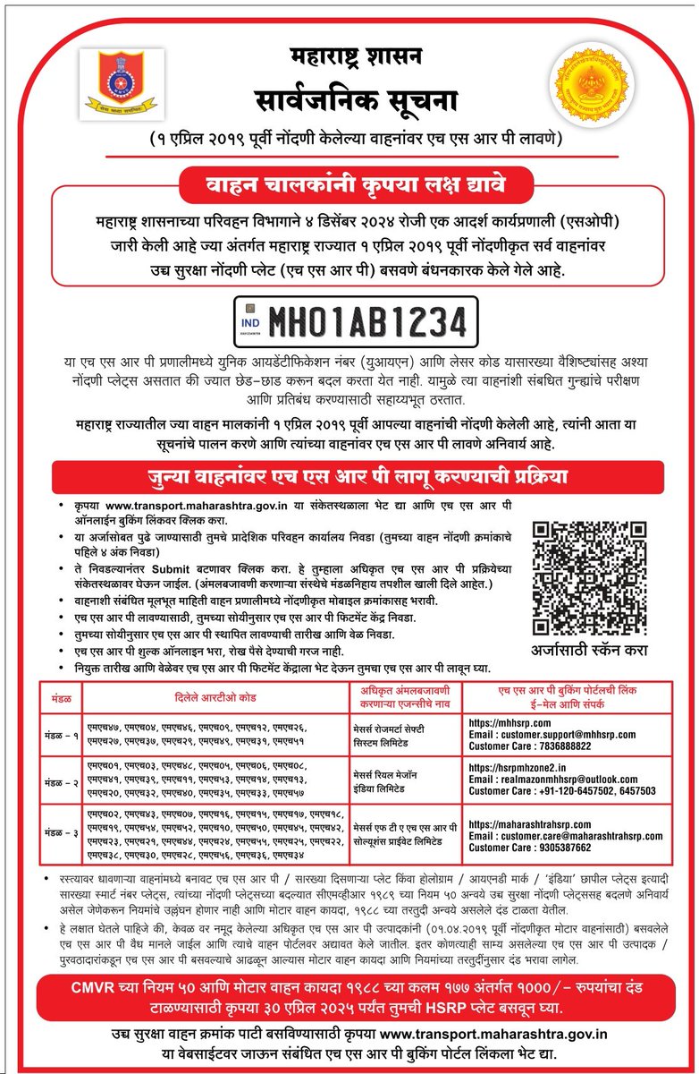 DISTRICT INFORMATION OFFICE, PUNE (@info_pune) on Twitter photo वाहन चालकांनो,
१ एप्रिल २०१९ पूर्वी नोंदणी केलेल्या वाहनांवर उच्च सुरक्षा नोंदणी प्लेट लावून घ्या. अधिक माहितीसाठी
transport.maharashtra.gov.in किंवा नजीकच्या प्रादेशिक परिवहन कार्यालयास भेट द्यावी.
<a href="/MahaDGIPR/">MAHARASHTRA DGIPR</a> वाहन चालकांनो,
१ एप्रिल २०१९ पूर्वी नोंदणी केलेल्या वाहनांवर उच्च सुरक्षा नोंदणी प्लेट लावून घ्या. अधिक माहितीसाठी
transport.maharashtra.gov.in किंवा नजीकच्या प्रादेशिक परिवहन कार्यालयास भेट द्यावी.
<a href="/MahaDGIPR/">MAHARASHTRA DGIPR</a>