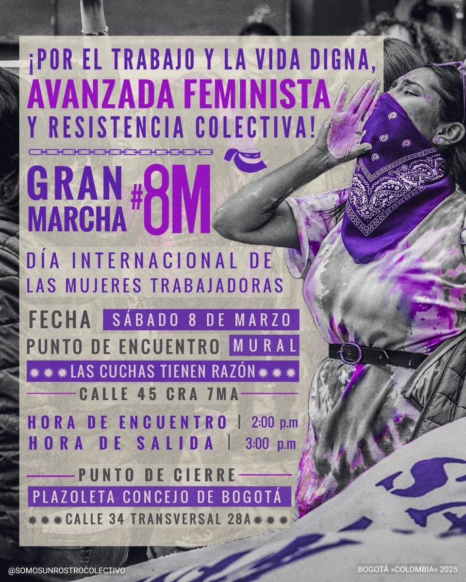 📣💜 ¡Ven a la calle este #8M Día Internacional de las Mujeres Trabajadoras!
🔔¡POR EL TRABAJO Y LA VIDA DIGNA, AVANZADA FEMINISTA 💜 y RESISTENCIA COLECTIVA!✊🏾
🗣️Nos volvemos a encontrar para reivindicar nuestras luchas históricas. No retrocedemos. Nos vemos en las calles⚡💜