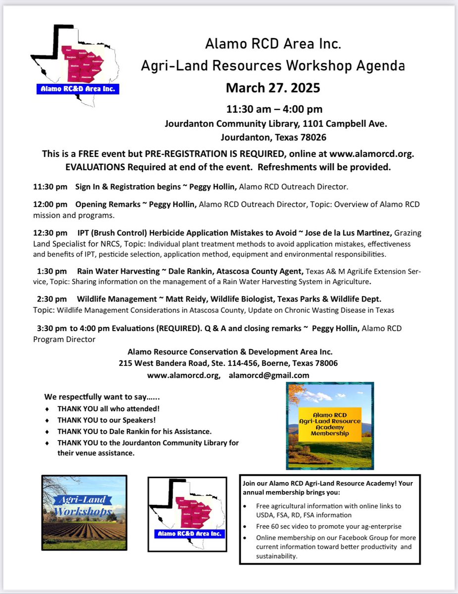 CERTalamorcd's tweet photo. Alamo RCD Agri-Land Resource Workshop, 03/27/25, Jourdanton Community Library, 1101 Campbell Ave. Jourdanton, TX, Atascosa County 
🌿 REGISTER ON LINE NOW! https://t.co/9vpUGfoHAE 🌿 Door Prizes too! 
#waterlandyou #agriculture #farm #ranch #agriland #farming #ranching #homestead https://t.co/urXdgGIdEZ