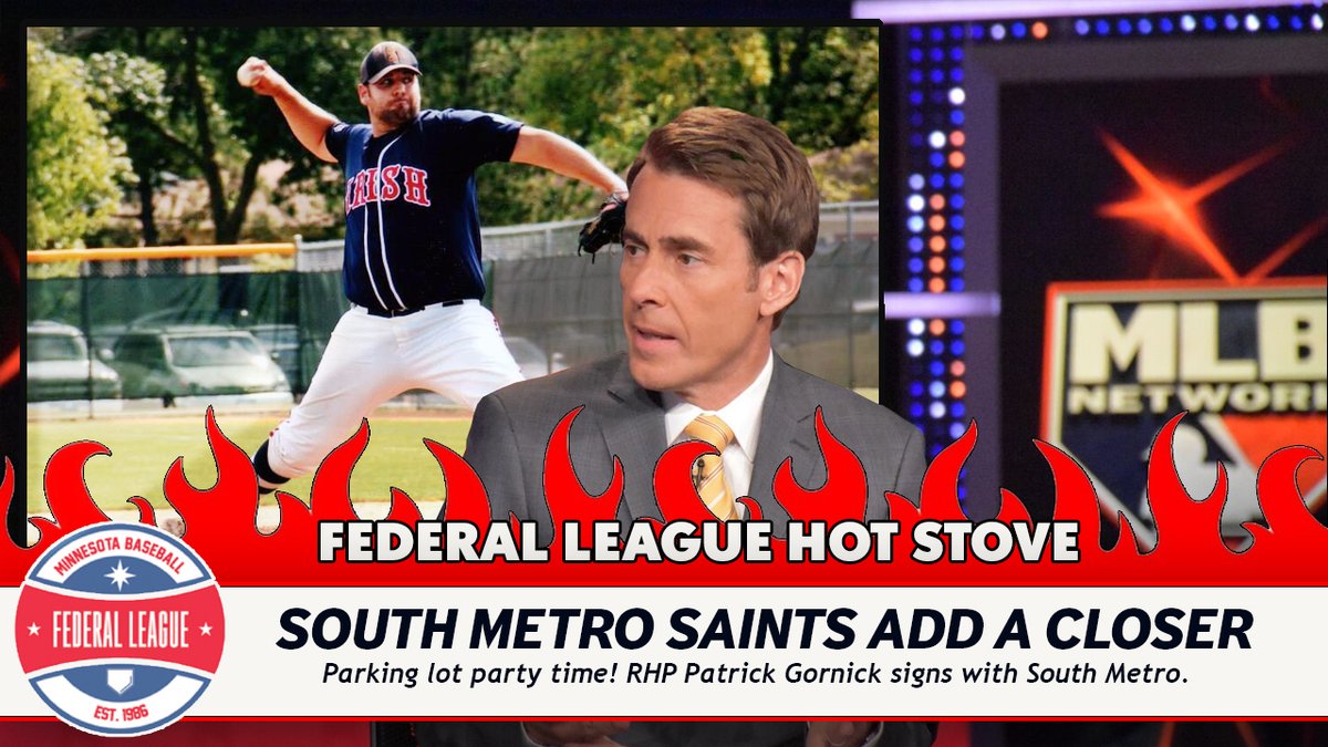 Federal League (@thefedmn) on Twitter photo 🔥HOT STOVE🔥
<a href="/MetroSaints/">South Metro Saints</a> are at it again w/ the addition of RHP Patrick Gornick. Pat previously played townball w/ Green Mill Brewers & closer for Stockmen's Irish from 2009-2013. During Stockmen's 2011 State Championship run, Gornick achieved an 0.00 ERA as the team's closer. 🔥HOT STOVE🔥
<a href="/MetroSaints/">South Metro Saints</a> are at it again w/ the addition of RHP Patrick Gornick. Pat previously played townball w/ Green Mill Brewers & closer for Stockmen's Irish from 2009-2013. During Stockmen's 2011 State Championship run, Gornick achieved an 0.00 ERA as the team's closer.