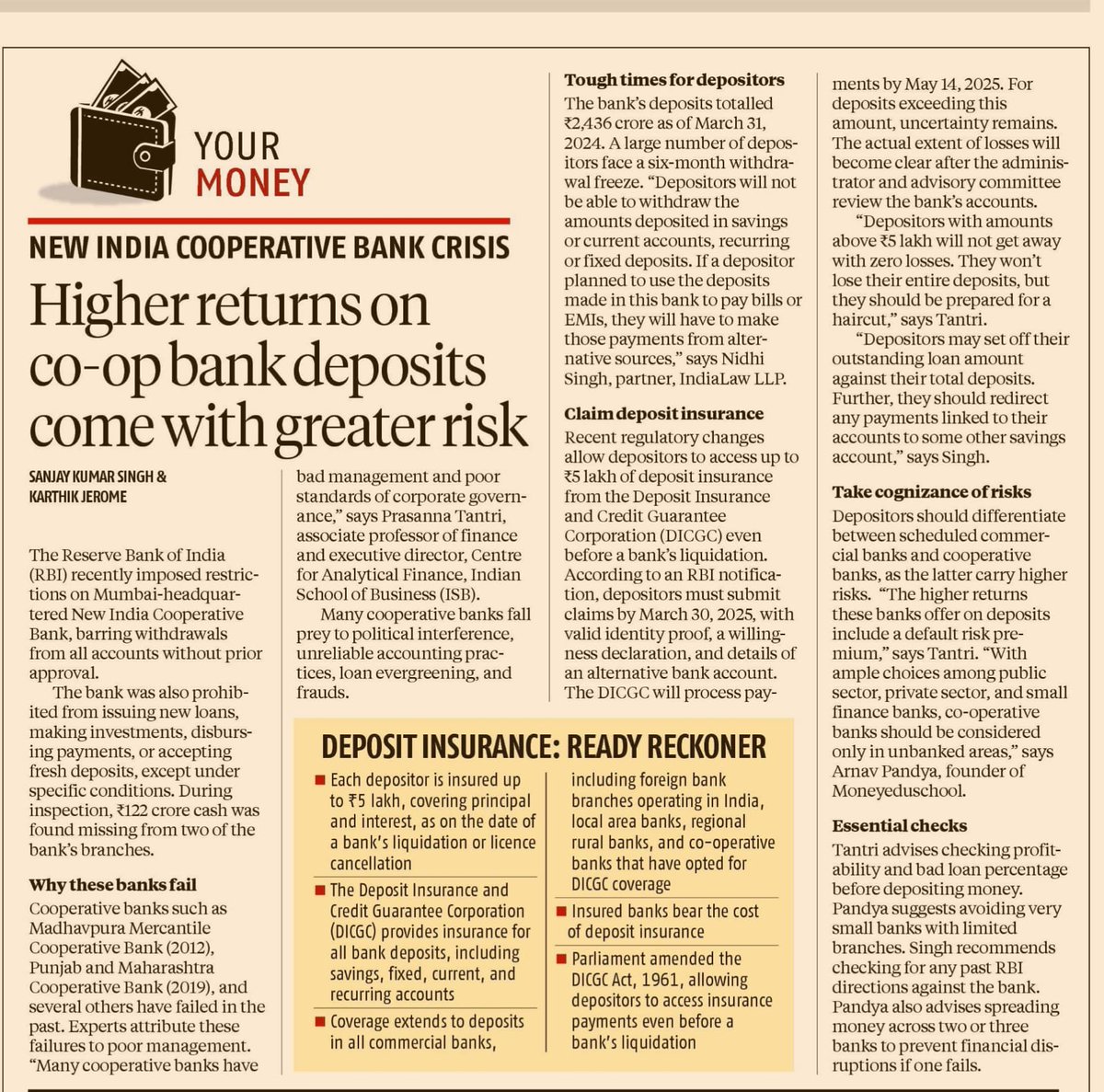 My article in Business Standard on the New India Co-operative Bank crisis: