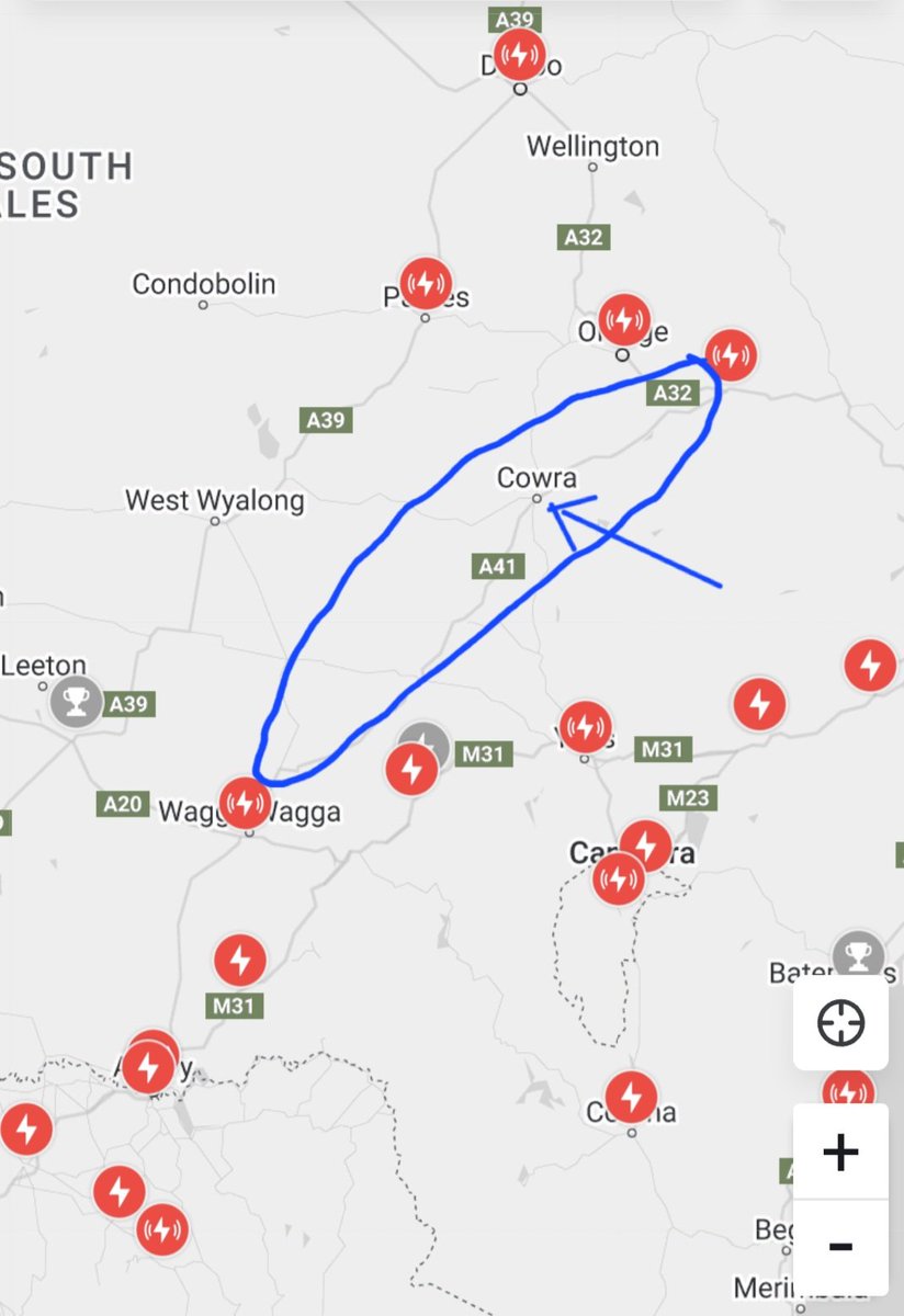 Hey <a href="/TeslaCharging/">Tesla Charging</a> and <a href="/TeslaAUNZ/">Tesla Australia & New Zealand</a>, there is a giant 314km long hole in your charging network that I would really appreciate you filling for me. I reckon a simple little 4 stall V4 supercharger at Cowra NSW, Australia would be perfect! 🙌 #Tesla  #cowra