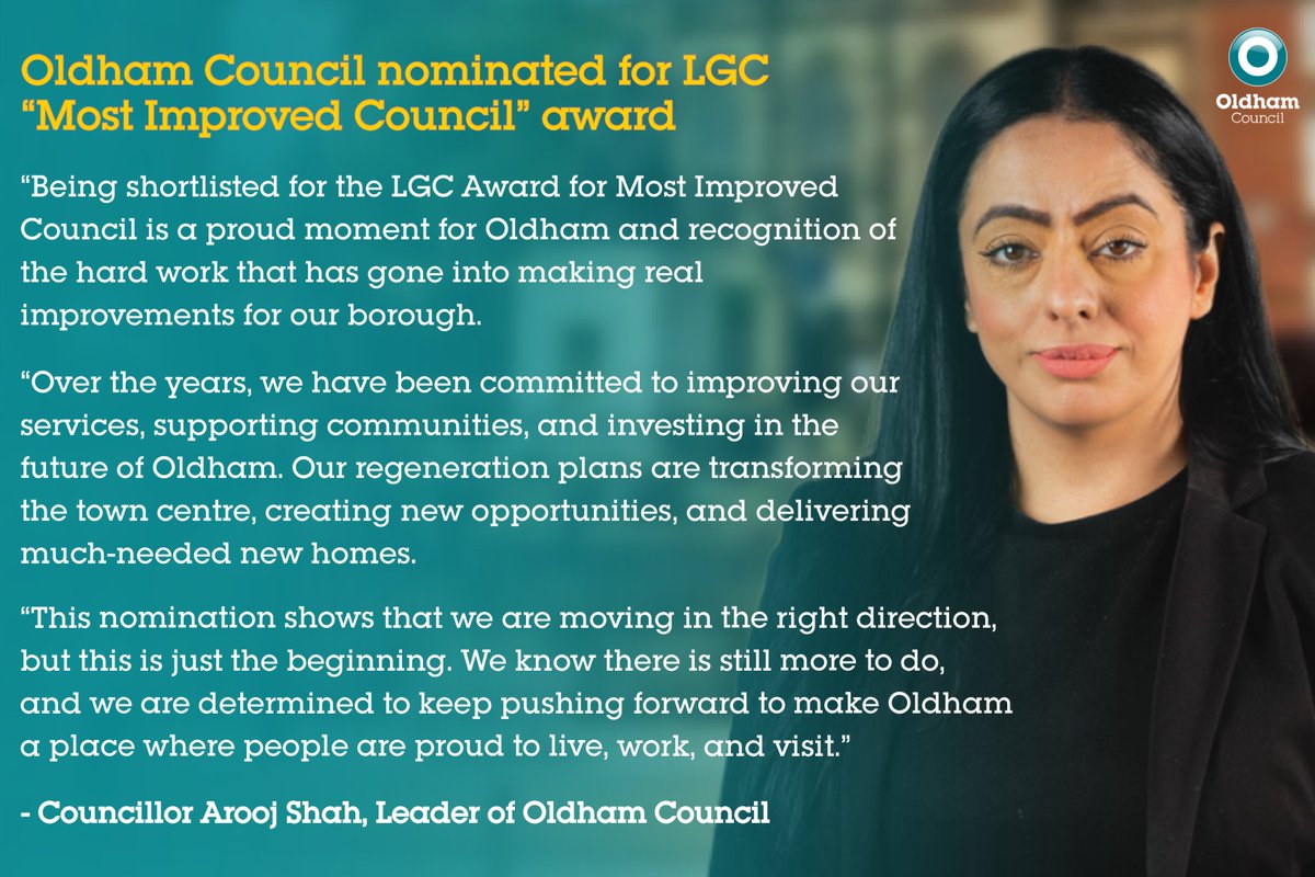 Oldham Council (@oldhamcouncil) on Twitter photo Great news! Oldham Council has been shortlisted for the Most Improved Council award at the <a href="/LGCAwards/">LGC Awards</a> ๐
This recognises the progress weโve made in improving services, regenerating the town centre, building new homes, and creating opportunities! Great news! Oldham Council has been shortlisted for the Most Improved Council award at the <a href="/LGCAwards/">LGC Awards</a> ๐
This recognises the progress weโve made in improving services, regenerating the town centre, building new homes, and creating opportunities!