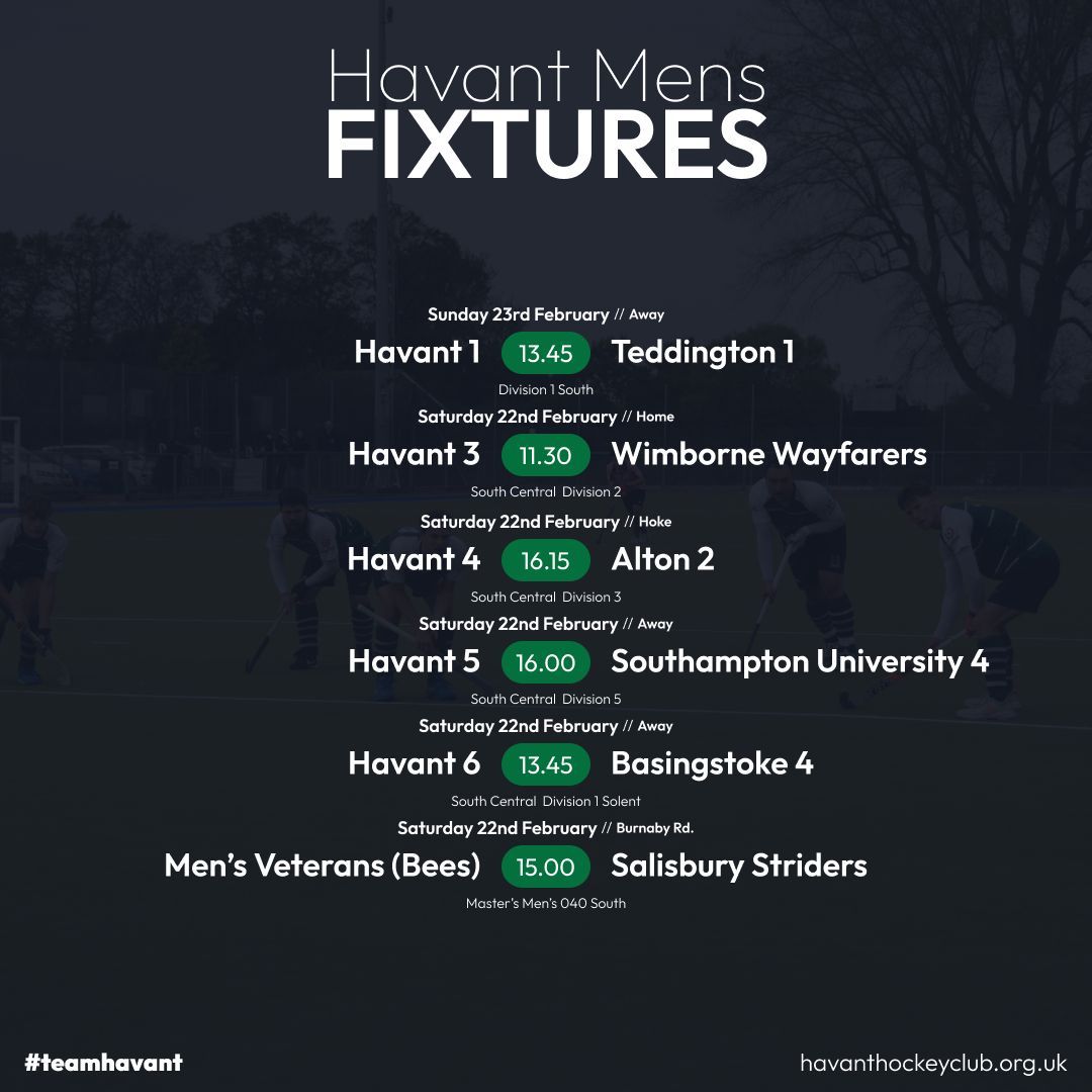 HavantHC's tweet photo. Fixture Friday!

After a little break for some of the teams we are back in the swing of things this weekend. Hope to see you all down at the pitch cheering the home teams on! 💚 

#TeamHavant  #BleedGreen
@boxchilli  @accessuclinic  @lalyspharmacyuk  @pickettsandpursers  @eightwm https://t.co/jcdM54li30