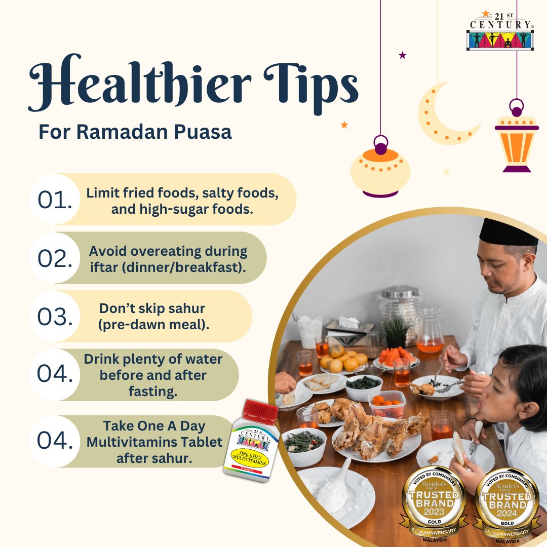 21stCenturyMY's tweet image. Follow these tips for a smoother fasting experience. Ramadan is all about balance, so nourish your body with the right foods and supplements to stay energized and healthy.

Get yours now through the link in bio!

#healthyramadan #fastingsupport #oneaday #puasawellness #puasatips
