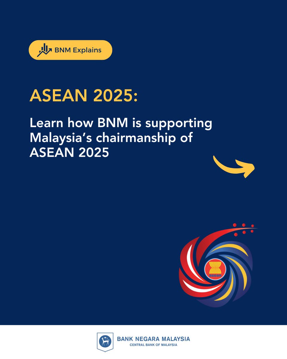 BNM_official's tweet photo. How will BNM contribute to the ASEAN Chairmanship 2025?
We will lead efforts to support ASEAN's transition to a low-carbon and climate-resilient economy, and facilitate instant payment connectivity across ASEAN.
Swipe to find out more!
#BNMExplains https://t.co/0hnT5Tjho6