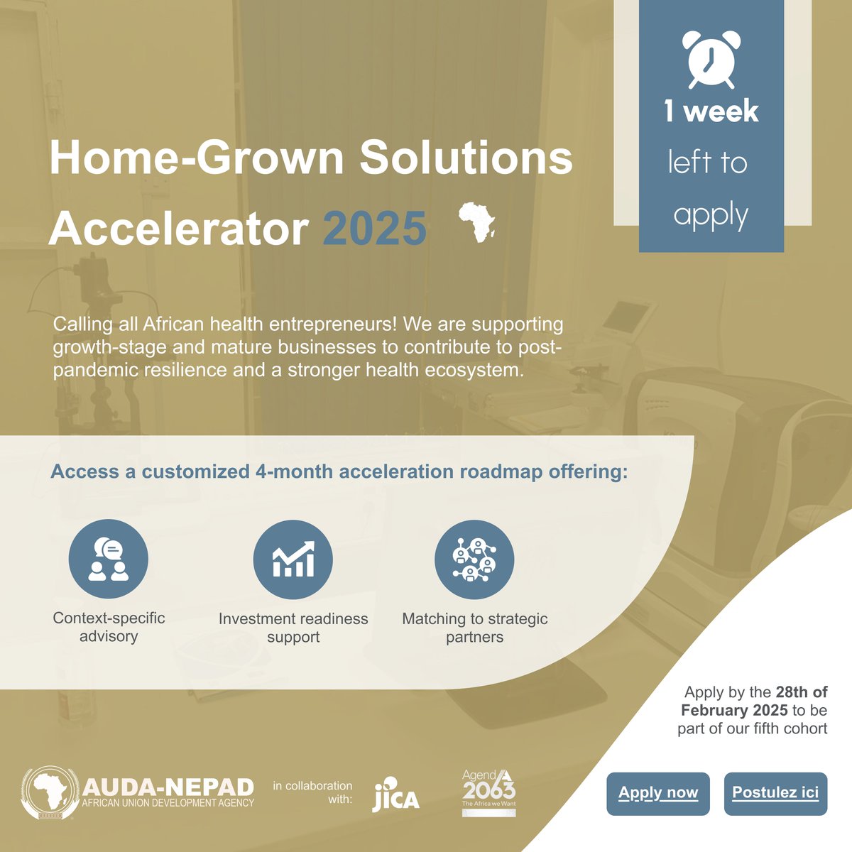 VC4A_Africa's tweet photo. ⏳ 1 week left! 

The #HGSAccelerator will close on 28th Feb. Have you applied? Join the scale-up program for #healthcare companies and gain support to grow your business. Hurry now: 
Apply: https://t.co/vNcRv73iip
Postulez: https://t.co/2kgxpt92Mx

@nepad_agency @jica_direct_en https://t.co/7cva4aWKZt