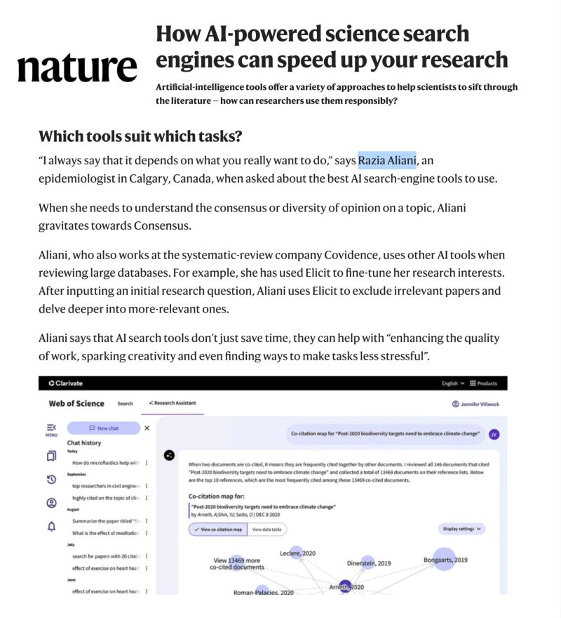 RaziaAliani's tweet photo. Spoke to Nature about AI tools in research.
'Which lit search tools work best?' They asked!
My answer: 

Pick tools that match your real needs!

— To gain a quick overview on clear-cut yes/no research questions -> Try @ConsensusNLP 

— Want to select papers based on the basic data it extracts? Try @scispace 

— Looking for supporting & refuting claims related to your topic? Try @Scite 

— Want to minimise the probablity of missing any important paper in your own review? Try @LitmapsApp 

— Want to cut the writing time? Try @whoisjenniai 

.. and the list goes on

(I talk about these in detail here: https://t.co/phGvNOln4L)

But here's what nobody talks about...
These AI tools do more than save time. 
They've helped me:

— Cut through research stress
— Generate fresh angles
— Boost work quality

That's the real power of AI in research - not just speed, but clarity!

Thanks Nature Portfolio for featuring our conversation about making research smarter, not just faster:

🔗 link to article in thread

-----------
Want FREE tips on using AI in research?
↳ Join 12K+ researchers here ⬇️
🔗 in bio

& follow @RaziaAliani to get more useful AI in Research content!
--------------
#aiinresearch