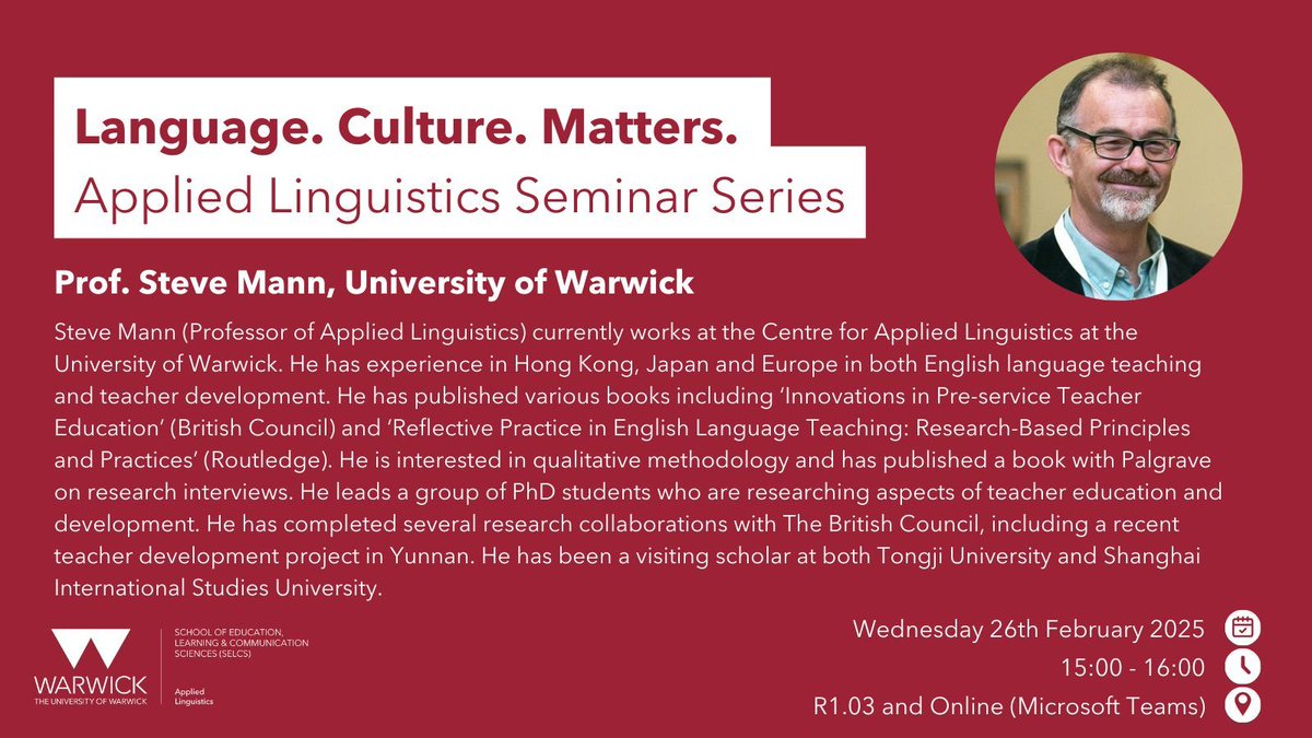In our next Language. Culture. Matters. seminar series, we are excited to hear Professor Steve Mann discuss 'English Learners Through Translanguaging: Leveraging Drama and Literature in Multilingual Classrooms'. 

📅 26 Feb at 3-4pm

🔗 buff.ly/4aEj4wF