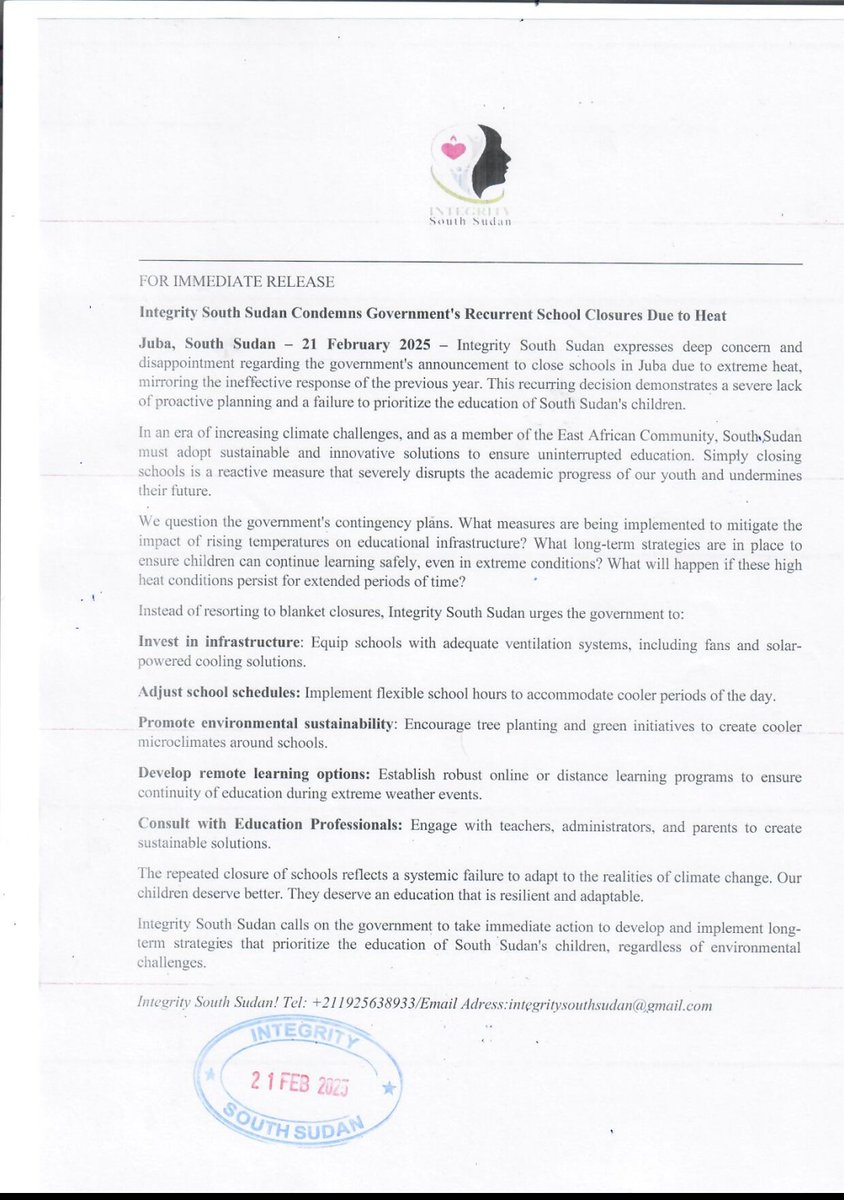 Integrity South Sudan (@integritysouth) on Twitter photo Integrity South Sudan calls for the government of South Sudan to adopt sustainable and innovative solutions to ensure uninterrupted education system in South Sudan than closing it every year it experienced heat.
#SSOT
<a href="/USMissionJuba/">U.S. Embassy in Juba</a> Integrity South Sudan calls for the government of South Sudan to adopt sustainable and innovative solutions to ensure uninterrupted education system in South Sudan than closing it every year it experienced heat.
#SSOT
<a href="/USMissionJuba/">U.S. Embassy in Juba</a>
