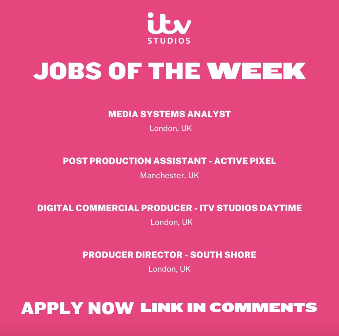 ✨ Media Systems Analyst - itvjobs.referrals.selectminds.com/jobs/media-sys…

✨ Post Production Assistant - itvjobs.referrals.selectminds.com/jobs/post-prod…

✨ Digital Commercial Producer, ITV Studios Daytime - itvjobs.referrals.selectminds.com/jobs/digital-c…

✨ Producer Director - talentbases.com/Jobs/Detail/pr…