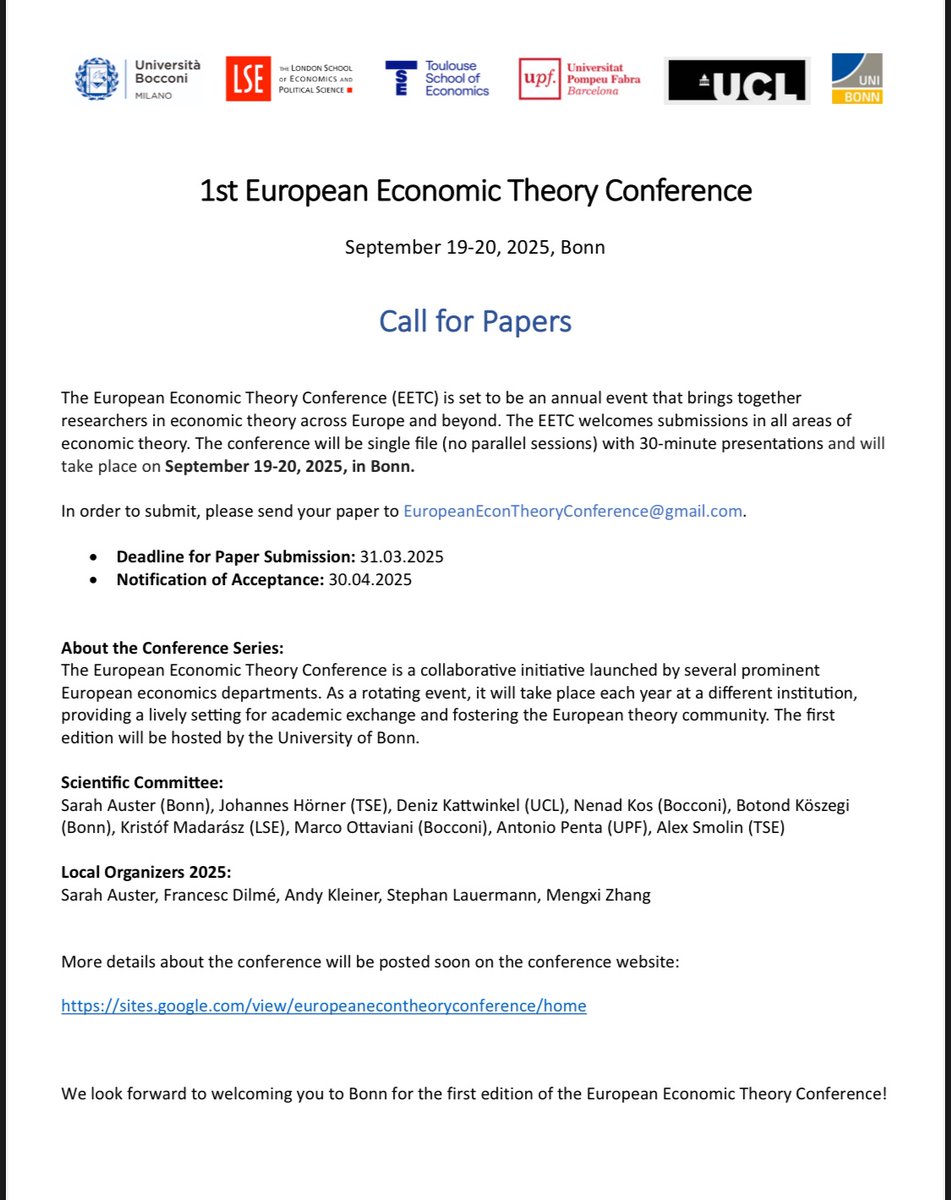 We’re happy to host the 1st European Economic Theory Conference in Bonn next fall! Submissions in all areas of economic theory are welcome.