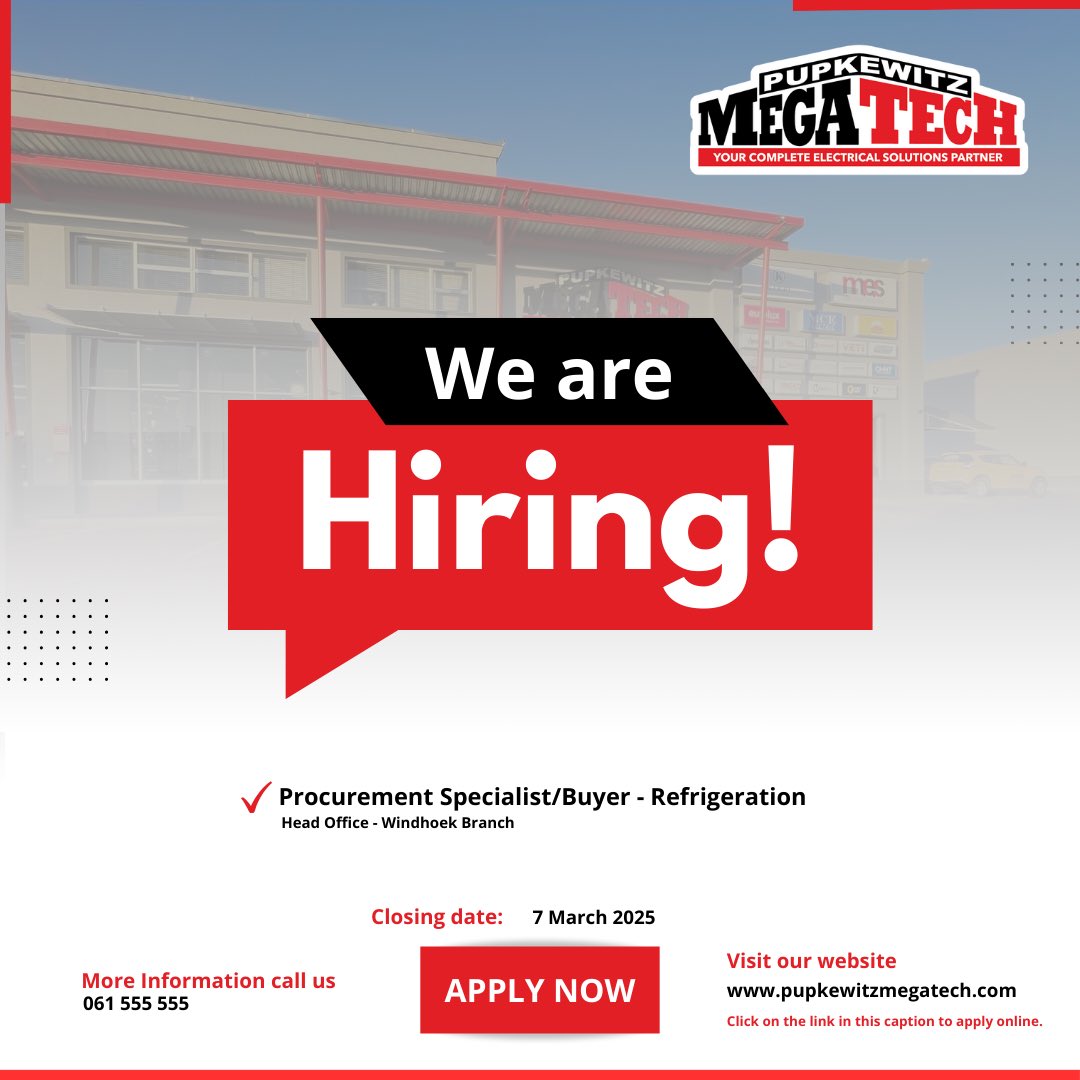 Pupkewitz Megatech is on the lookout for qualified candidates to fill this position.

Individuals who are suitably qualified and possess relevant experience for the position should apply. For additional details about this role, kindly visit our website and proceed with the