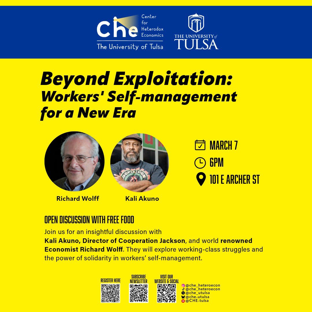Bruno Miller Theodosio (@bruno_mt) on Twitter photo Our next event at the <a href="/che_utulsa/">CHE</a> is right around the corner: with “Beyond Exploitation: Workers’ Self-Management for a New Era”.
Join us for an insightful discussion with <a href="/Kali_Akuno/">Kali Akuno</a>, and <a href="/profwolff/">Richard D. Wolff</a>.
In person and online
📅 March 7th
📍 101 E Archer St, Tulsa, OK
🕒 6 PM Our next event at the <a href="/che_utulsa/">CHE</a> is right around the corner: with “Beyond Exploitation: Workers’ Self-Management for a New Era”.
Join us for an insightful discussion with <a href="/Kali_Akuno/">Kali Akuno</a>, and <a href="/profwolff/">Richard D. Wolff</a>.
In person and online
📅 March 7th
📍 101 E Archer St, Tulsa, OK
🕒 6 PM