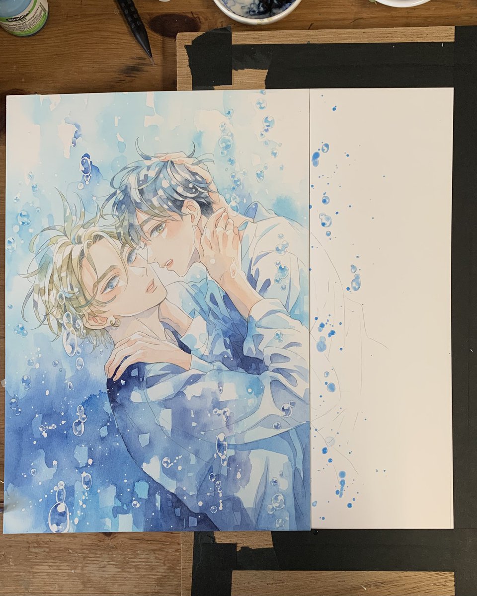 まだ書影...ではないけどカバーイラストもお披露目になりました🎨✨️

今回ごんぶと背表紙になるのに紙がサイズ的に足りなくて
背表紙分描き足しました😅

#きみ色に溺れたい 