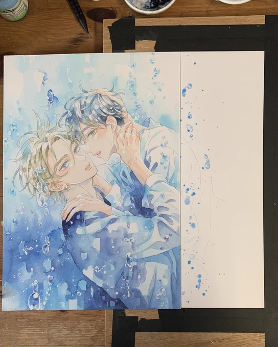 まだ書影...ではないけどカバーイラストもお披露目になりました🎨✨️

今回ごんぶと背表紙になるのに紙がサイズ的に足りなくて
背表紙分描き足しました😅

#きみ色に溺れたい 