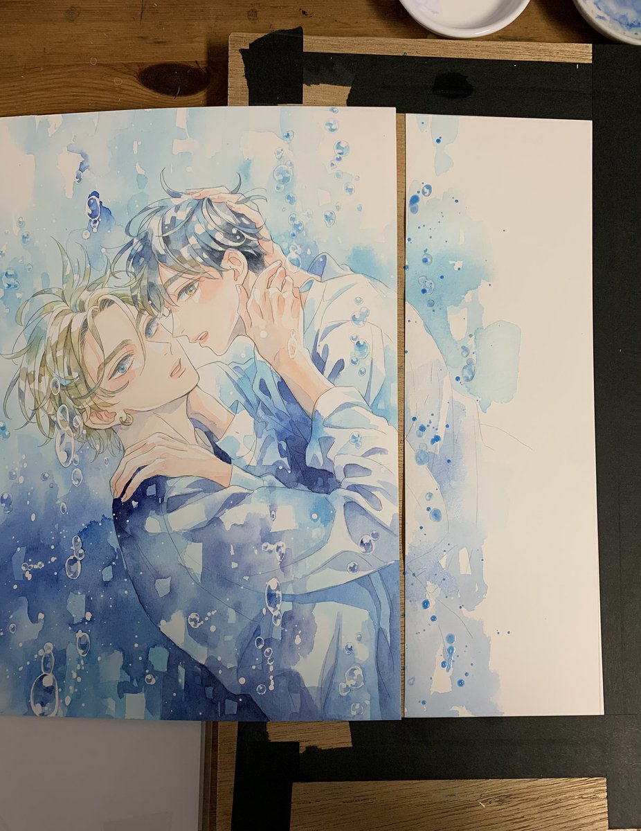 まだ書影...ではないけどカバーイラストもお披露目になりました🎨✨️

今回ごんぶと背表紙になるのに紙がサイズ的に足りなくて
背表紙分描き足しました😅

#きみ色に溺れたい 