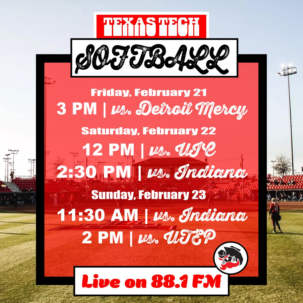 Softball is back in Lubbock which means KTXT's broadcasts live from Rocky Johnson Field are back! Here's our schedule for the weekend. Tune in at 88.1 FM or online at ktxtfm.org!!