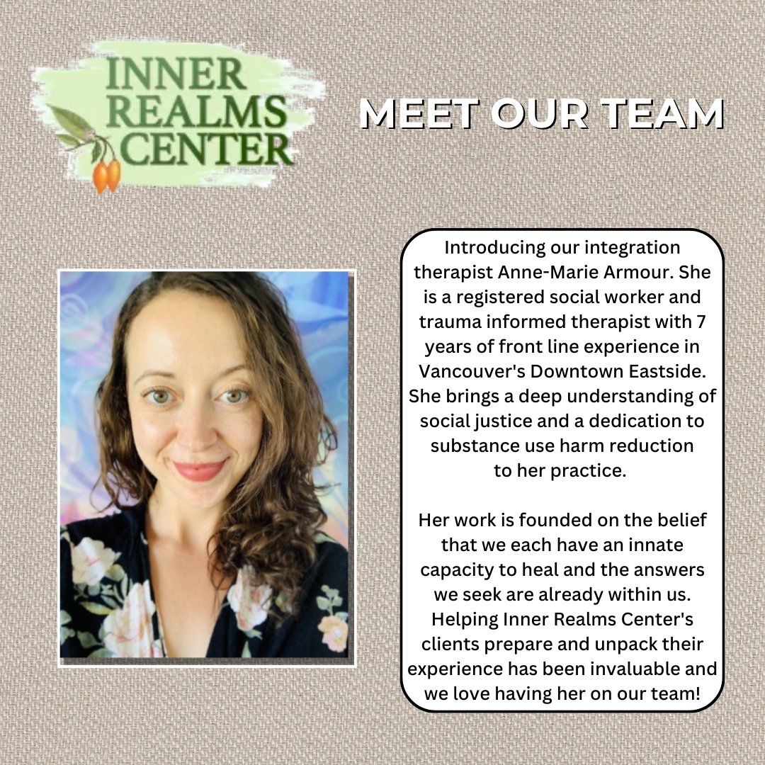 InnerRealmsVC's tweet image. As a registered social worker and trauma-informed therapist with 7 years of front-line experience in Vancouver’s Downtown Eastside, Anne-Marie brings a deep understanding of social justice and a dedication to substance use harm reduction to her practice.
innerrealmscenter.com!