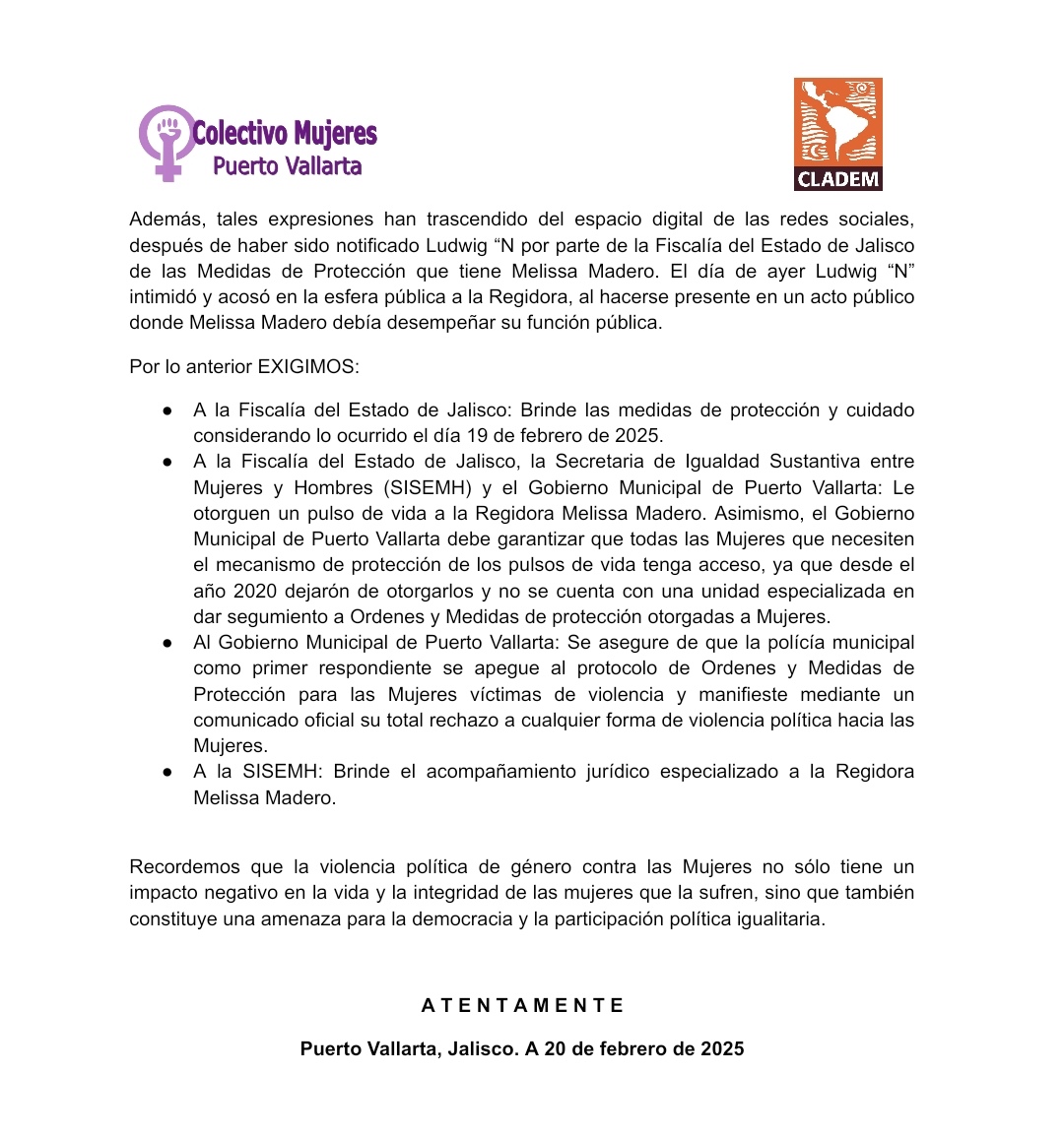 MujeresPV's tweet photo. 🟣 Posicionamiento respecto a la violencia política en razón de género ejercida hacia la Regidora Melissa Madero

#violenciapoliticadegenero
#NiUnaMas #sororidad 

#ColectivoMujeresPV https://t.co/8LfAJKmiRq