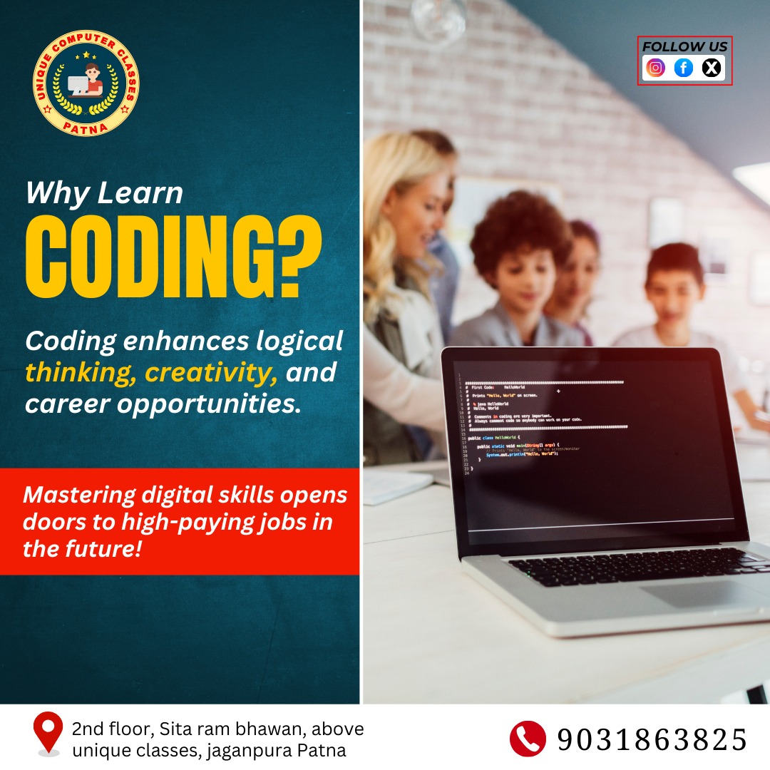 uniquecomputer0's tweet image. 💻✨ Why Learn Coding? ✨💻
Coding boosts logical thinking, creativity, and career opportunities, opening doors to high-paying jobs in the future! 🚀

#LearnToCode #UniqueComputerClasses #CodingSkills #FutureJobs #TechEducation #PatnaCourses