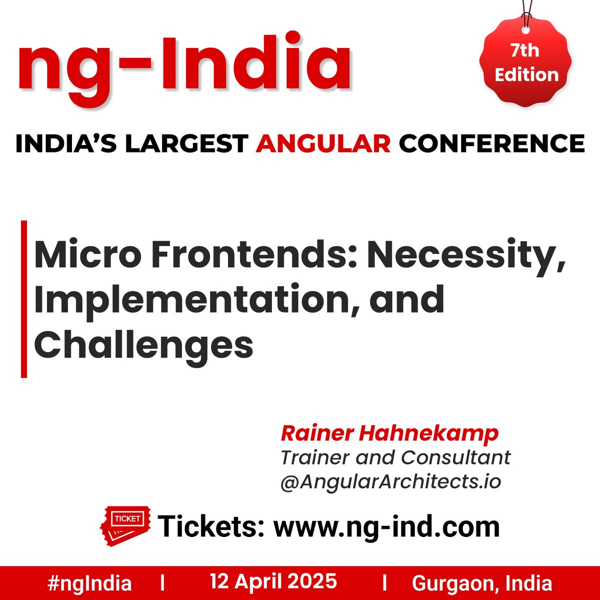 debug_mode's tweet image. Is #MicroFrontend the right choice? Find out from the fantastic @rainerhahnekamp at #ngIndia in his talk: 👇
"𝗠𝗶𝗰𝗿𝗼 𝗙𝗿𝗼𝗻𝘁𝗲𝗻𝗱𝘀: 𝗡𝗲𝗰𝗲𝘀𝘀𝗶𝘁𝘆, 𝗜𝗺𝗽𝗹𝗲𝗺𝗲𝗻𝘁𝗮𝘁𝗶𝗼𝗻, 𝗮𝗻𝗱 𝗖𝗵𝗮𝗹𝗹𝗲𝗻𝗴𝗲𝘀" 🔥
📆 12 April, Gurgaon
🎟️ ng-ind.com/home