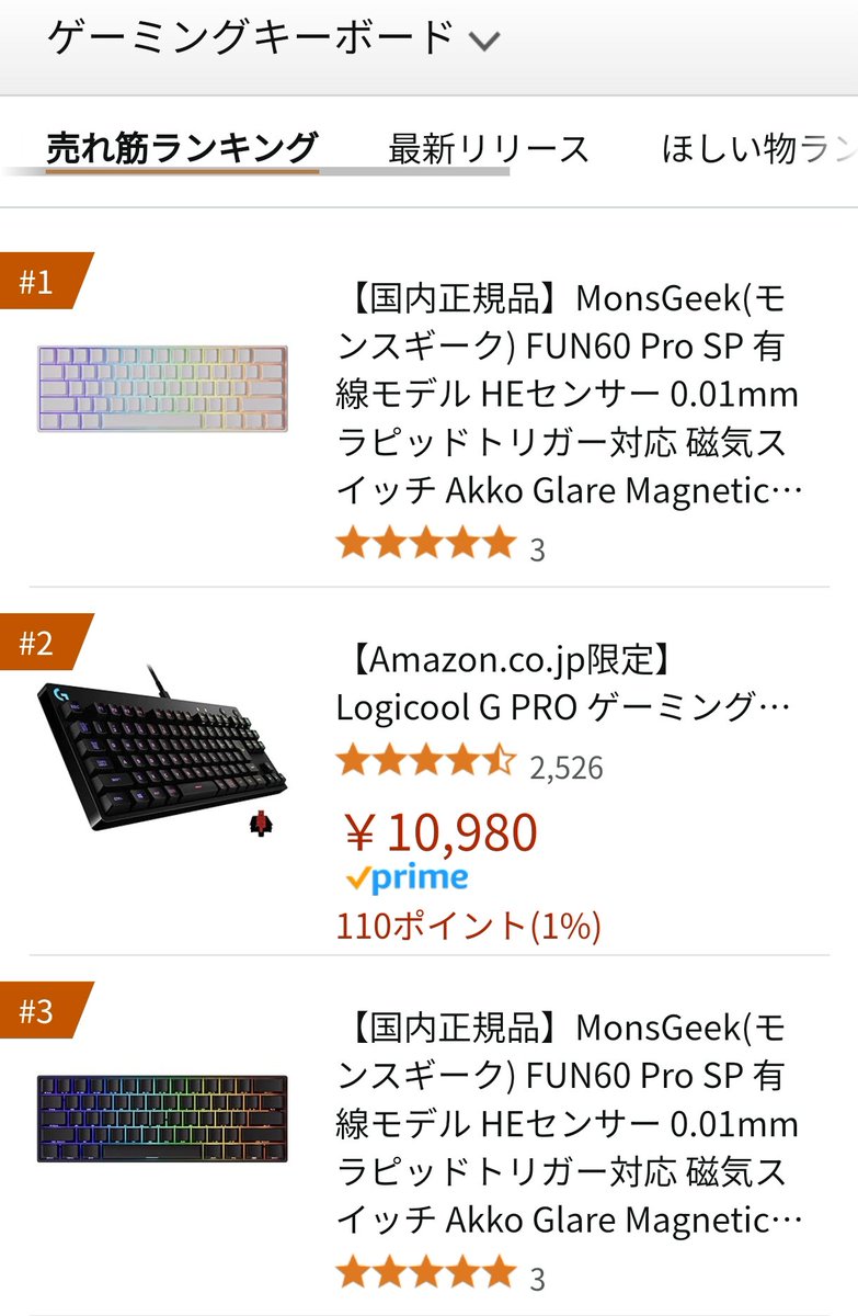 marchan39606803's tweet image. MonsGeek FUN60 Pro SP 有線モデルがAmazonゲーミングキーボード売れ筋ランキング1位と3位です。
5,980円でラピッドトリガー搭載はコスパ最強ですね。
#Monsgeek 
#FUN60 
#ゲーミングキーボード