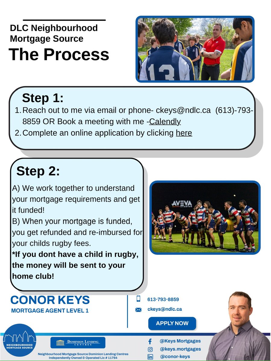 Rugby folks! 

Let’s grow the game together! Everyone needs a mortgage, why not use it to cover your child’s registration fee or help fund youth rugby for your home club? Give me an email or call and we can make sure your mortgage works for you and supports the local rugby club!