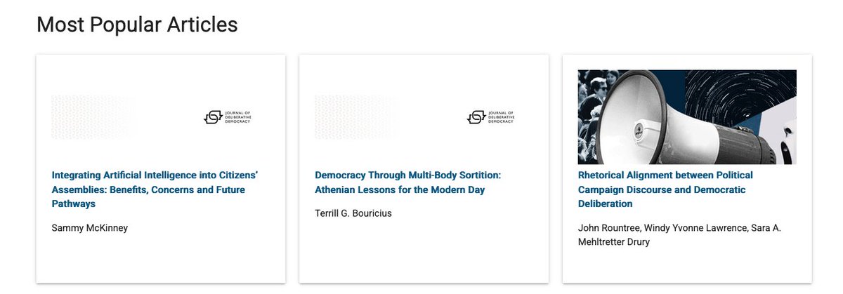 Journal of Deliberative Democracy (@delibdemjournal) on Twitter photo We're ending the week with a toast to our 🌟Most Popular Articles🌟
🎉Terrill G. Bouricius on sortition
🎉<a href="/Sammy_Mckinney/">Sammy Mckinney</a> on AI and citizens assemblies
🎉<a href="/Rountree_DelDem/">John C Rountree</a> & colleagues on rhetorical alignment
Congratulations to the authors! 🥂
delibdemjournal.org We're ending the week with a toast to our 🌟Most Popular Articles🌟
🎉Terrill G. Bouricius on sortition
🎉<a href="/Sammy_Mckinney/">Sammy Mckinney</a> on AI and citizens assemblies
🎉<a href="/Rountree_DelDem/">John C Rountree</a> & colleagues on rhetorical alignment
Congratulations to the authors! 🥂
delibdemjournal.org