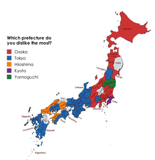 amagumo_metal's tweet photo. この画像で海外勢が「 Hiroshima どうした？」「 Fukushima がなんで Yamaguchi ？」などと盛り上がってて和んだ。「 Tokyoと Osaka はなぜこんなに嫌われるんだ？」ってリプへの「多くのアメリカ人がN.Y. と California を嫌ってんのと同じだよ」って回答がおもろかった。 https://t.co/jfUKFjJSbB