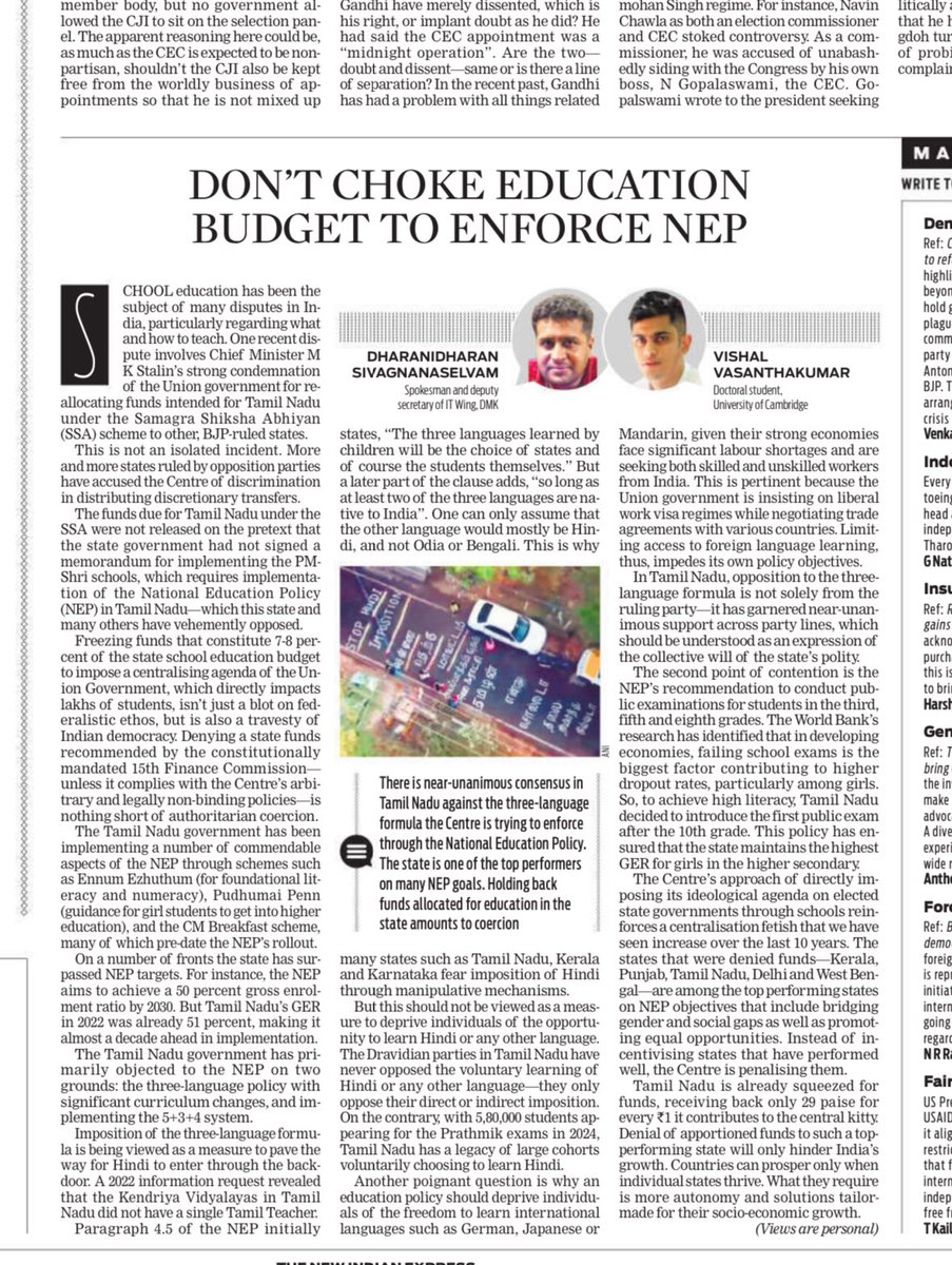 Myself and @vishalwrites write to <a href="/xpresstn/">TNIE Tamil Nadu</a> on why it is anti democratic of union govt to  freeze SSA funds on grounds that Tamil Nadu implements NEP. The article explores the major flaws  found in  NEP. 

<a href="/TRBRajaa/">Dr. T R B Rajaa</a> <a href="/ptrmadurai/">Dr P Thiaga Rajan (PTR)</a> 
<a href="/Anbil_Mahesh/">Anbil Mahesh</a> <a href="/Udhaystalin/">Udhay</a> 
<a href="/TThenarasu/">Thangam Thenarasu</a>