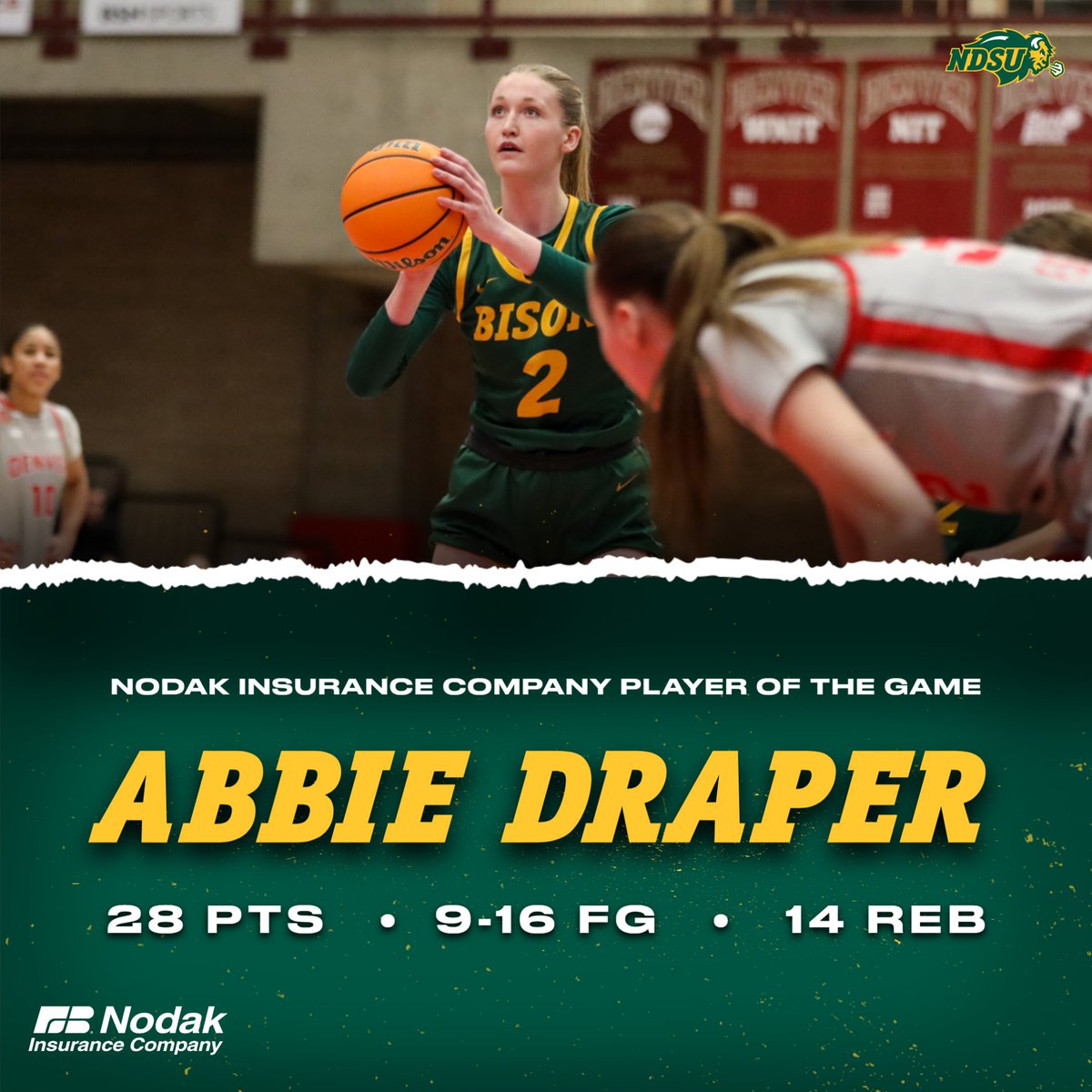NDSU Women's Basketball (@ndsuwbb) on Twitter photo .<a href="/abbie__draper/">Abbie Draper</a> posted her second 20-point game of the season!
She's the Nodak Insurance Company Player of the Game in the win at Denver! .<a href="/abbie__draper/">Abbie Draper</a> posted her second 20-point game of the season!
She's the Nodak Insurance Company Player of the Game in the win at Denver!