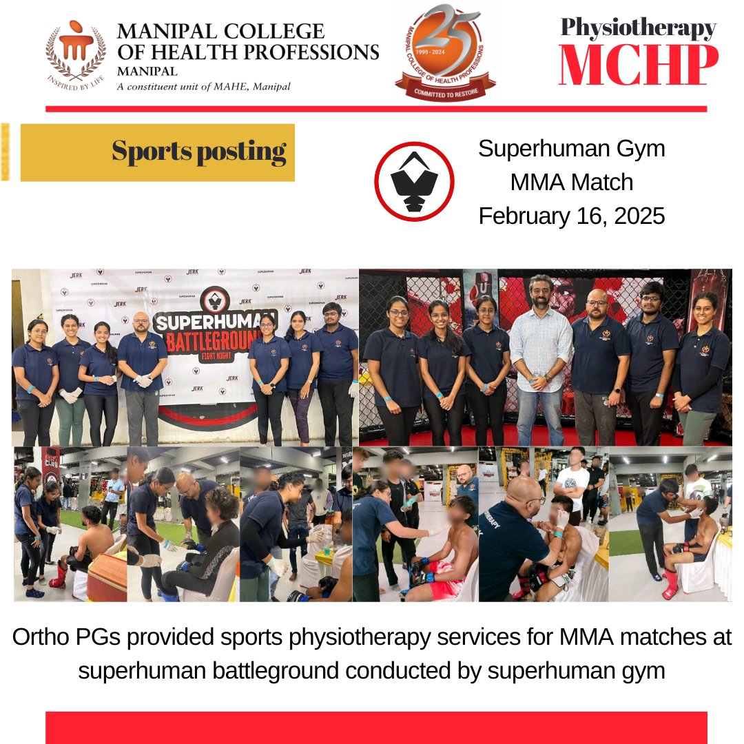Physiotherapy MCHP (@ptmchp) on Twitter photo Team of <a href="/PtMchp/">Physiotherapy MCHP</a> postgraduates led by Dr. <a href="/prateek_physio/">prateek srivastav, PhD</a> offered sports physiotherapy services for the MMA matches organized by <a href="/SuperhumanGym/">Superhuman Gym</a>, Udupi on Feb 16, 2025.
<a href="/MAHE_Manipal/">Manipal Academy of Higher Education</a> <a href="/MCHP_MAHE/">MCHP</a> <a href="/Manikan19549593/">Manikandan N</a> Team of <a href="/PtMchp/">Physiotherapy MCHP</a> postgraduates led by Dr. <a href="/prateek_physio/">prateek srivastav, PhD</a> offered sports physiotherapy services for the MMA matches organized by <a href="/SuperhumanGym/">Superhuman Gym</a>, Udupi on Feb 16, 2025.
<a href="/MAHE_Manipal/">Manipal Academy of Higher Education</a> <a href="/MCHP_MAHE/">MCHP</a> <a href="/Manikan19549593/">Manikandan N</a>
