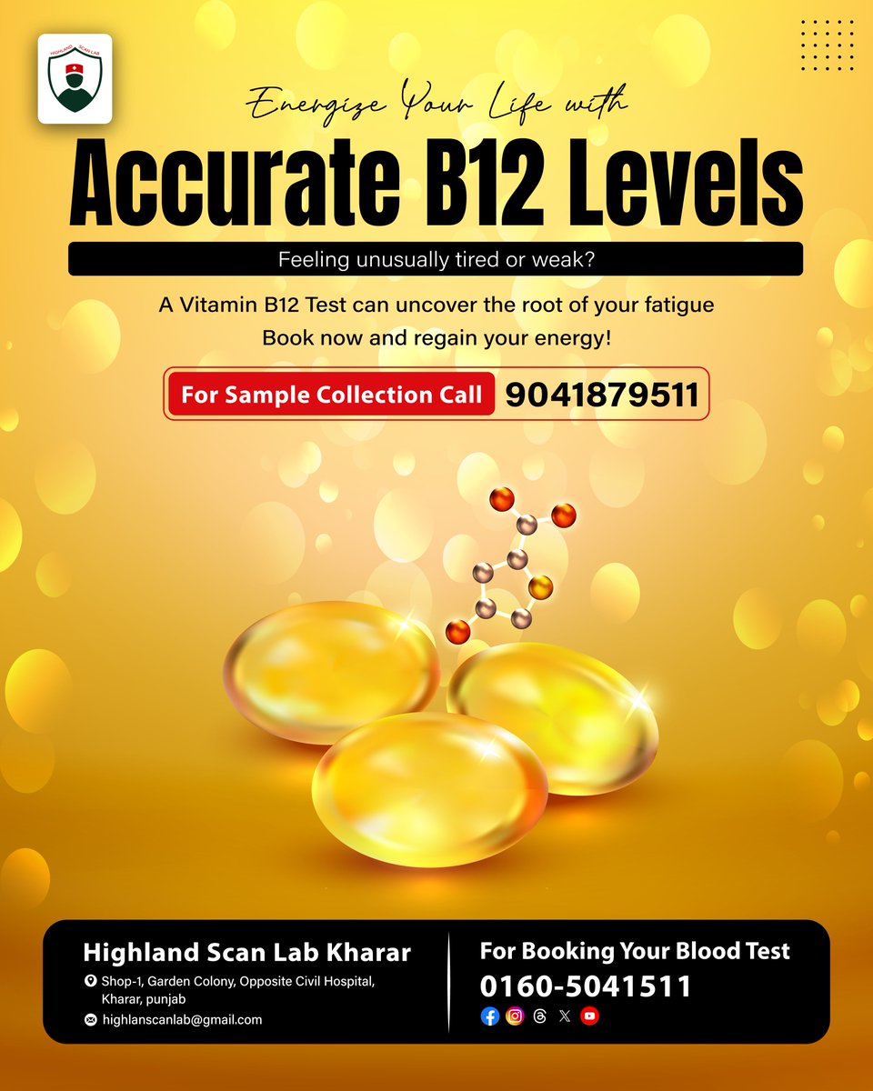 HighlandScanLab's tweet photo. Low #B12Levels can lead to #Fatigue, #Weakness, and even #MemoryLoss. At #HighlandScanLab, we ensure you stay energized and healthy with precise #B12LevelTesting. Don’t let #LowEnergy slow you down. #GetTested today!
.
#EnergyBoost #DrJatinderSingh #Kharar #BestLab #BloodTest https://t.co/C4asdWDluq