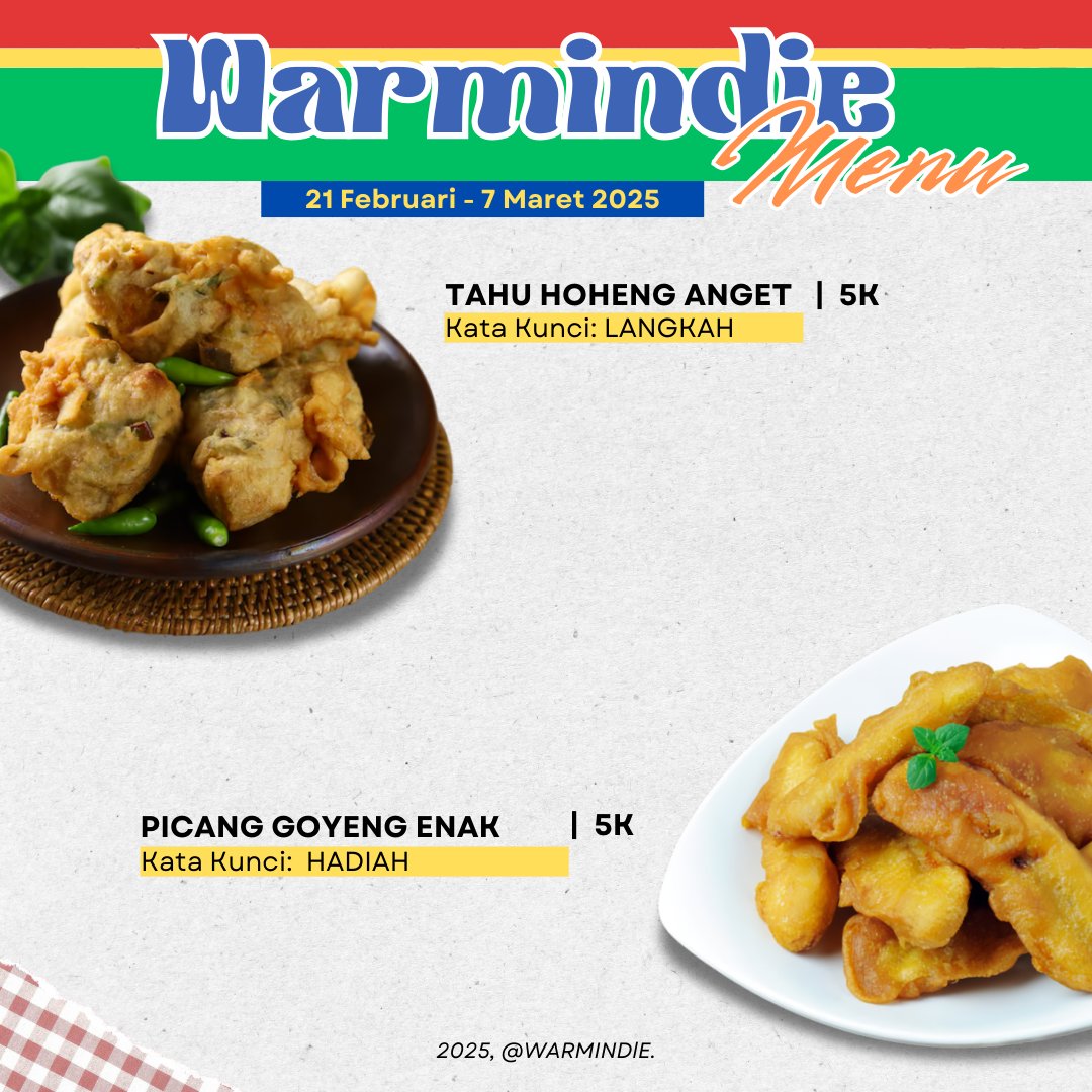 WARMINDlE's tweet photo. ㅤㅤ
ㅤㅤㅤㅤㅤ   𝐖𝐄𝐄𝐊𝐋𝐘 𝐌𝐄𝐍𝐔 

ㅤㅤㅤㅤ     🗓️ :  21 Feb - 07 Maret.
ㅤㅤ https://t.co/7EzzJxdCjD