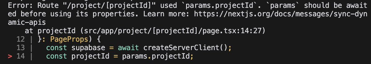 Next.jsのver15でAI駆動している人は、とりあえず以下の文章を.rulesに入れることを推奨。

"params should be awaitedのエラーが出ないようにparamsをawaitしてください。例：const { id } = await params; "

"paramsもPromiseで受け取ってください。例：{ params: Promise&lt;{ id: string }&gt; }"