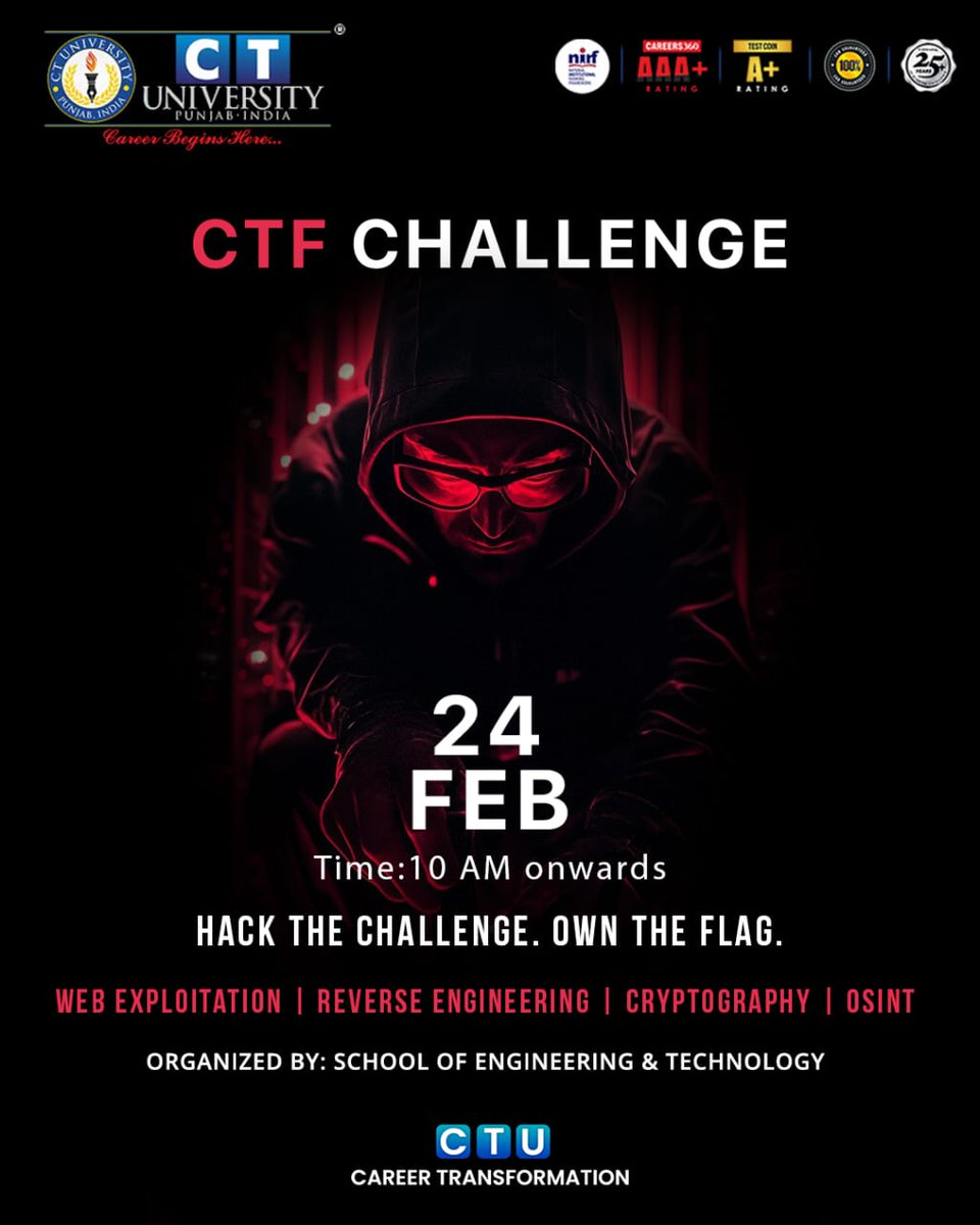 CT_University's tweet image. School of Engineering & Technology, CT University presents the CTF Challenge!
Gear up to test your skills in Web Exploitation, Reverse Engineering, Cryptography and OSINT.
Date: 24th February
Time: 10 AM onwards
Hack the challenge. Own the flag!
#CTU #CTFChallenge