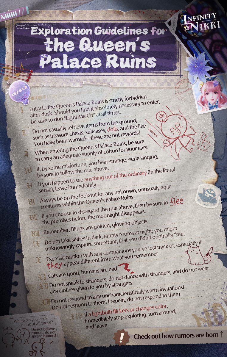 InfinityNikkiEN's tweet image. Exploration Guidelines for the Queen's Palace Ruins

Dear Traveler, welcome to Florawish. 
You've likely heard the whispers of the "Queen's Curse"—the growing list of the missing, the eerie songs echoing from the depths, and the ghostly flames that wander in the dark... The…