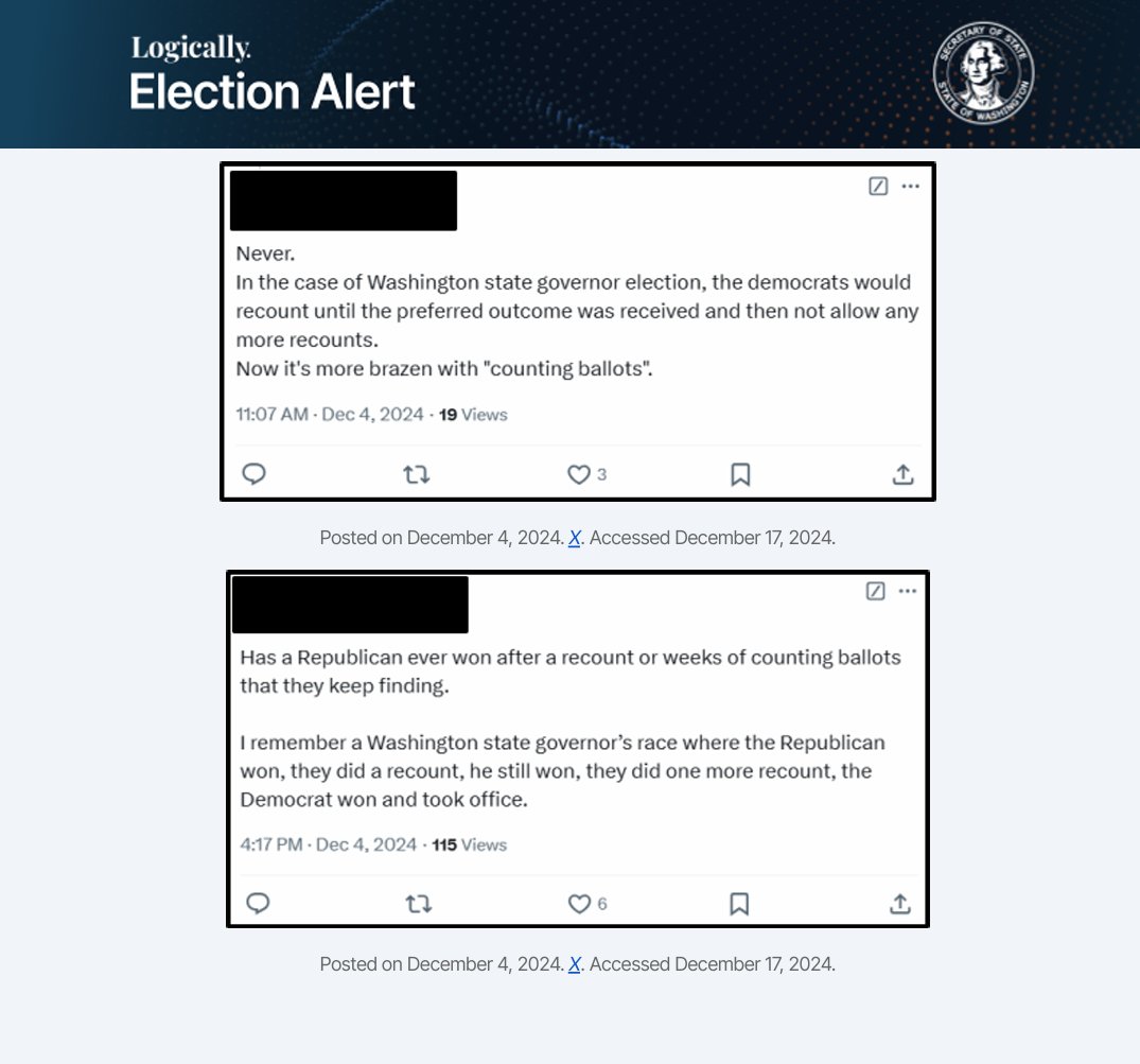 WhoCountsVotes's tweet photo. @nancyaguidara @Peoples_Pundit Congratulations! This post was flagged by Logically AI as part of a narrative that could be a threat to WA elections or election staff! https://t.co/O4bR6UgksN