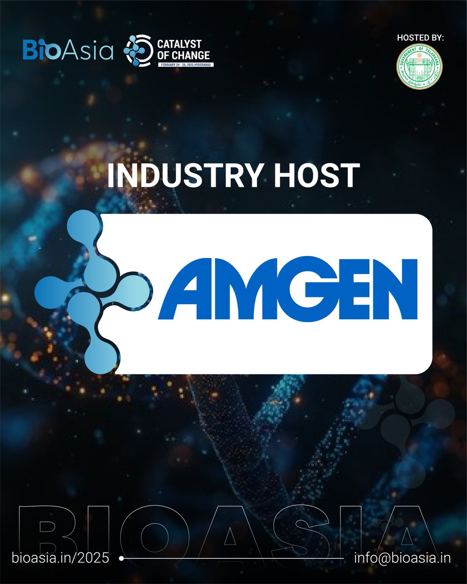 We are pleased to announce Amgen as our Industry host for the 22nd edition of #BioAsia.

Date: 25th-26th February 
Location: HICC, Hyderabad

+91 98105 12348 | bioasia.in/2025/

<a href="/ShakthiNagappan/">Shakthi Nagappan</a> <a href="/TGLifesciences/">Telangana Life Sciences</a> <a href="/Amgen/">Amgen 🧪🔬🧬</a>