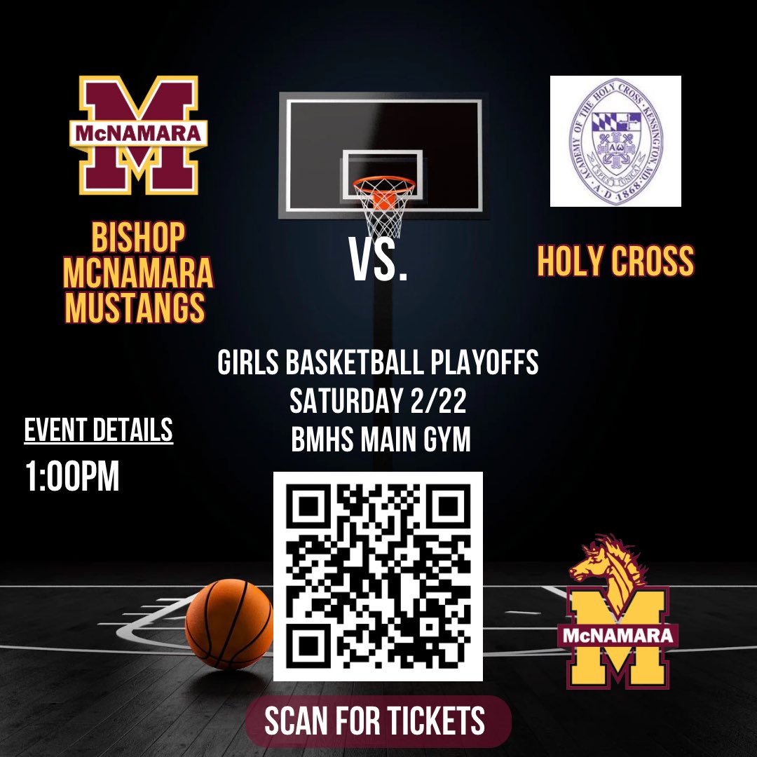 🏀Girls Basketball Playoffs - Saturday 2/22‼️
McNamara vs. Holy Cross @ 1PM in BMHS Main Gym
🎟️ Tickets 👉 bit.ly/3D49WoP
#GoMustangs #McNamaraBasketball