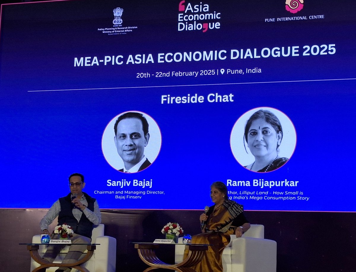 First session this morning at Asia Economic Dialogue 2025 - <a href="/sanjivrbajaj/">Sanjiv Bajaj</a> in conversation with Rama Bijapurkar. 

<a href="/MEAIndia/">Randhir Jaiswal</a> <a href="/PuneIntCentre/">Pune Int Centre</a>