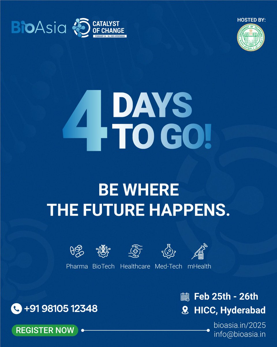 The countdown continues! 4 days until BioAsia2025, the epicentre of next-gen technology &amp; partnerships.

Date: 25th-26th February  2025
Location: HICC, Hyderabad

Register now! 

+91 98105 12348 | bioasia.in/2025/

<a href="/ShakthiNagappan/">Shakthi Nagappan</a> <a href="/TGLifesciences/">Telangana Life Sciences</a>