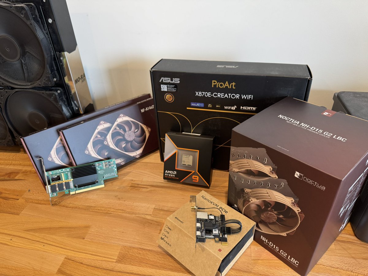 My new development workhorse:
- Ryzen 9950x (16-core Zen 5, full AVX512 datapath!)
- 192GB of DDR5
- 100GbE Nvidia Connectx-6 Network card (running at 25Gb since I want all my PCIe lanes to the GPU)
- <a href="/SipeedIO/">Sipeed</a> NanoKVM for remote management
Just waiting for my RTX 5090 now