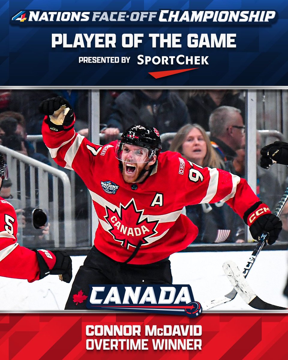 Connor McDavid is your Championship player of the game! #4Nations 

Congratulations! <a href="/cmcdavid97/">Connor McDavid</a>