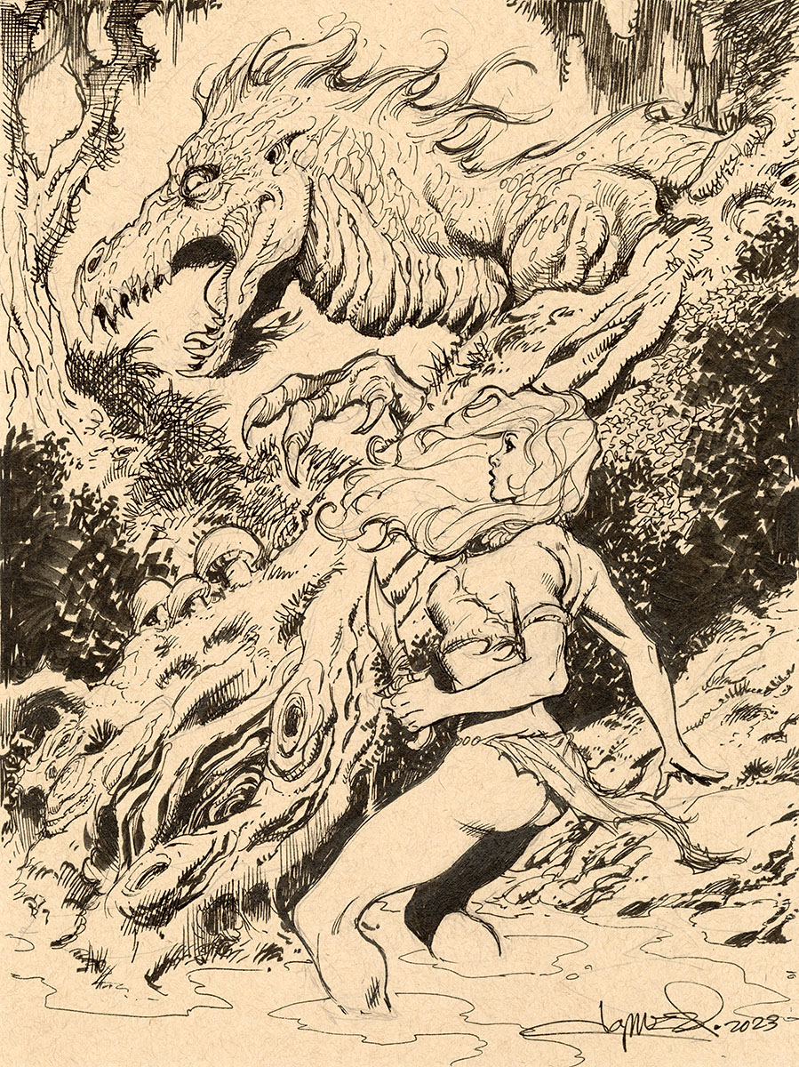 aaronlopresti's tweet photo. Here's some art.  #cavegirl #dinosaur #fantasyart https://t.co/JkloKqzZdR