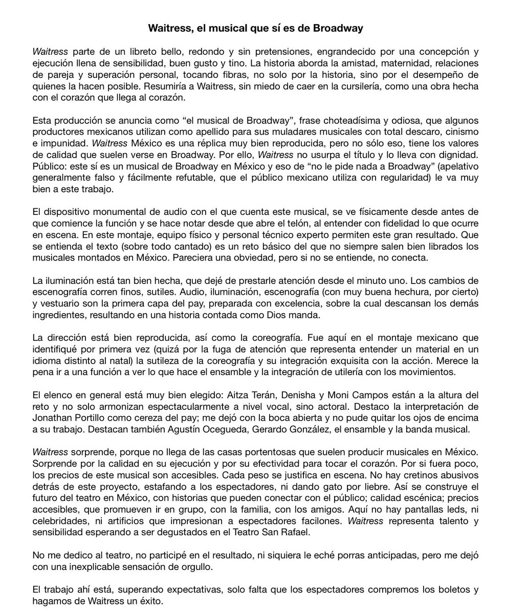 Con mucho cariño comparto mi opinión de #Waitress